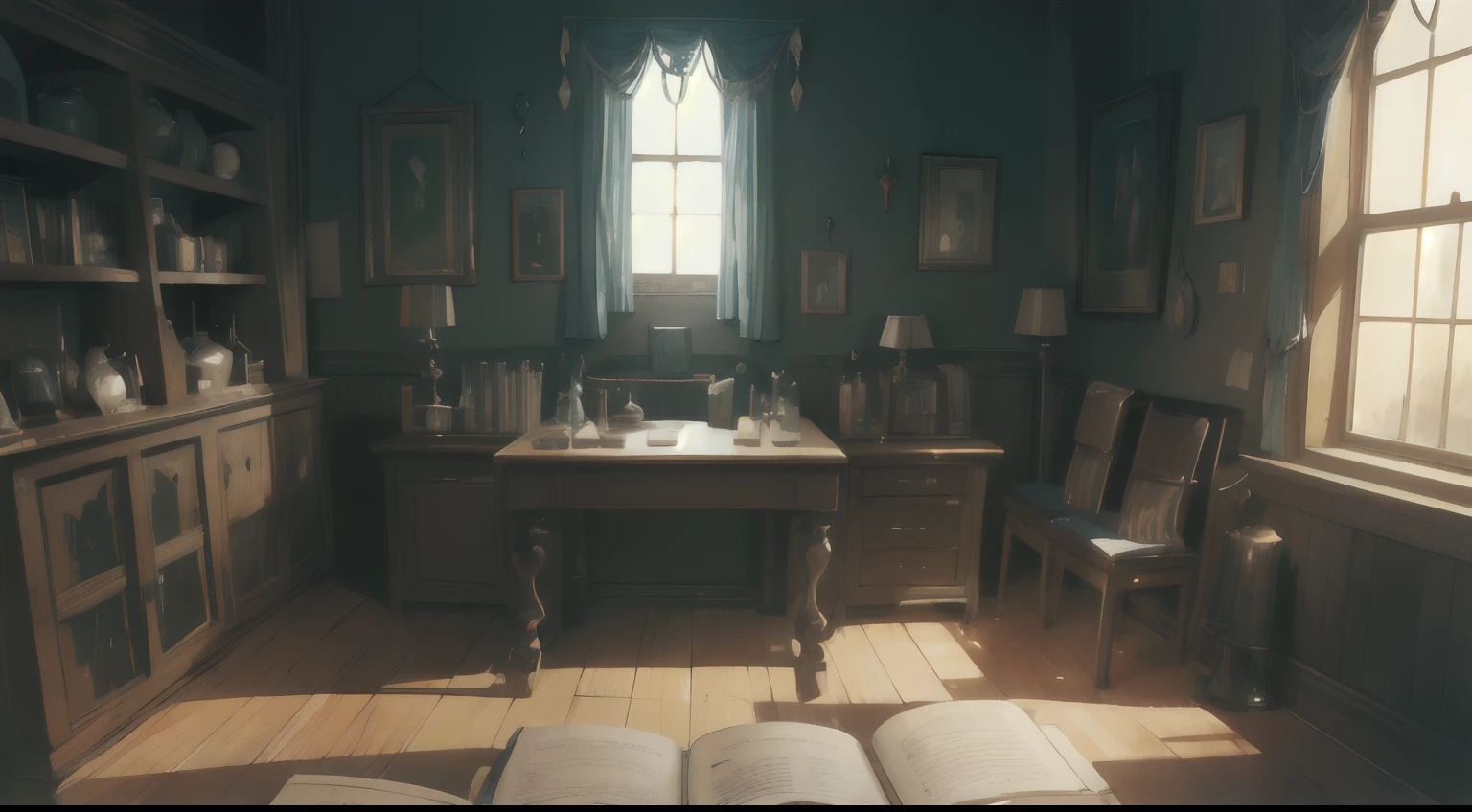 (Background art) , frontal composition, (Magic Workshop), (dimly lit room), interior scenes, witch theme, (potion, broomstick, cauldron, spooky, dark room) , (Glowing goods, Settlement desk, A table where items are kept, Magic potion, Magic Book)+ , large pot on the furnace in a dimly lit room, a mushy liquid bubbles up inside the pot, Water vapor rising from the pot, suspiciously glowing spellbook float in the air, decorated wall, crystal ball enshrined on the desk, Celtic letters shine in the air, masterpiece, floating, high saturation, professional photoshoot