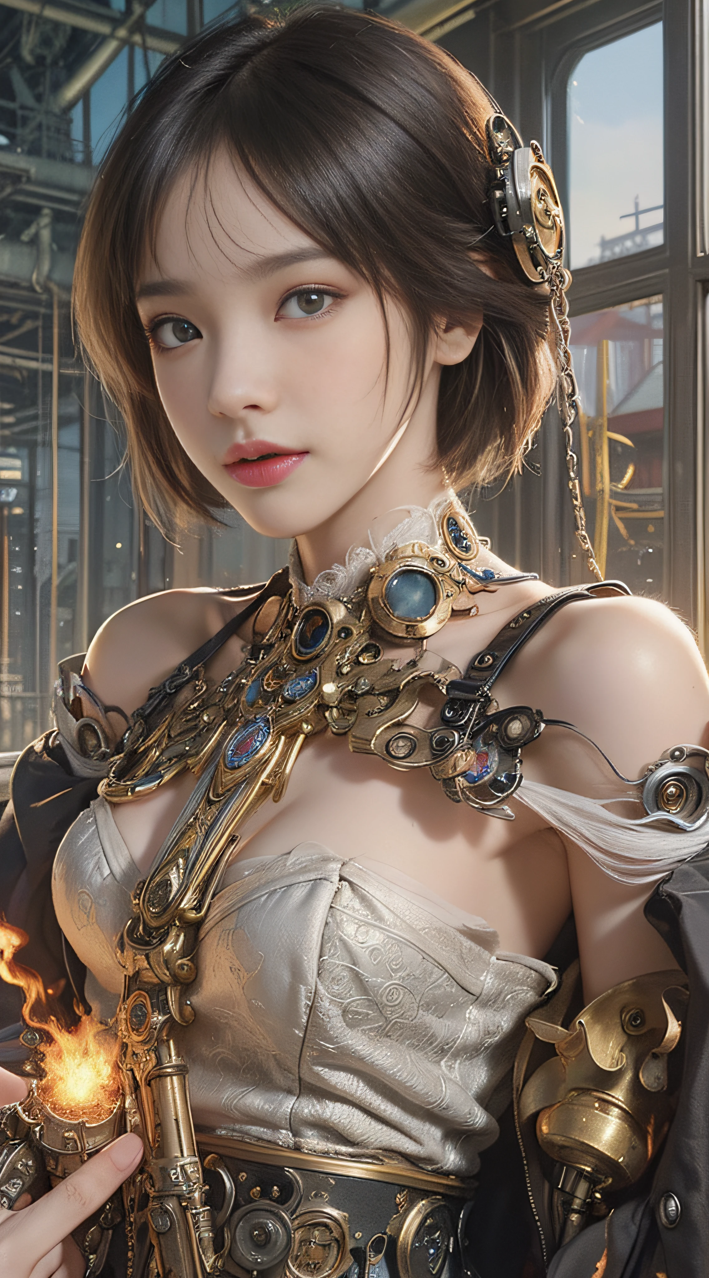 (((Masterpiece))), (((top quality))), (((super detailed))), Combat action poses, One female, (((Very Slender body))), 18 years old, (((short black bob, thick puffy bangs ))), cosmetics-free, small thin nose, small thin-lipped mouth, (((very sharp focused eyes))), large slit precision pale grey eyes, sparkling like jewels, Long eyelashes, ((Very intricate mechanical steampunk fashion, Off-shoulder gothic fashion, Excessively decorative fashion)), (((The night an abandoned, intricately mechanized steampunk factory burns and explodes))), (((overall accuracy has improved dramatically, creating a super detailed and realistic image))).