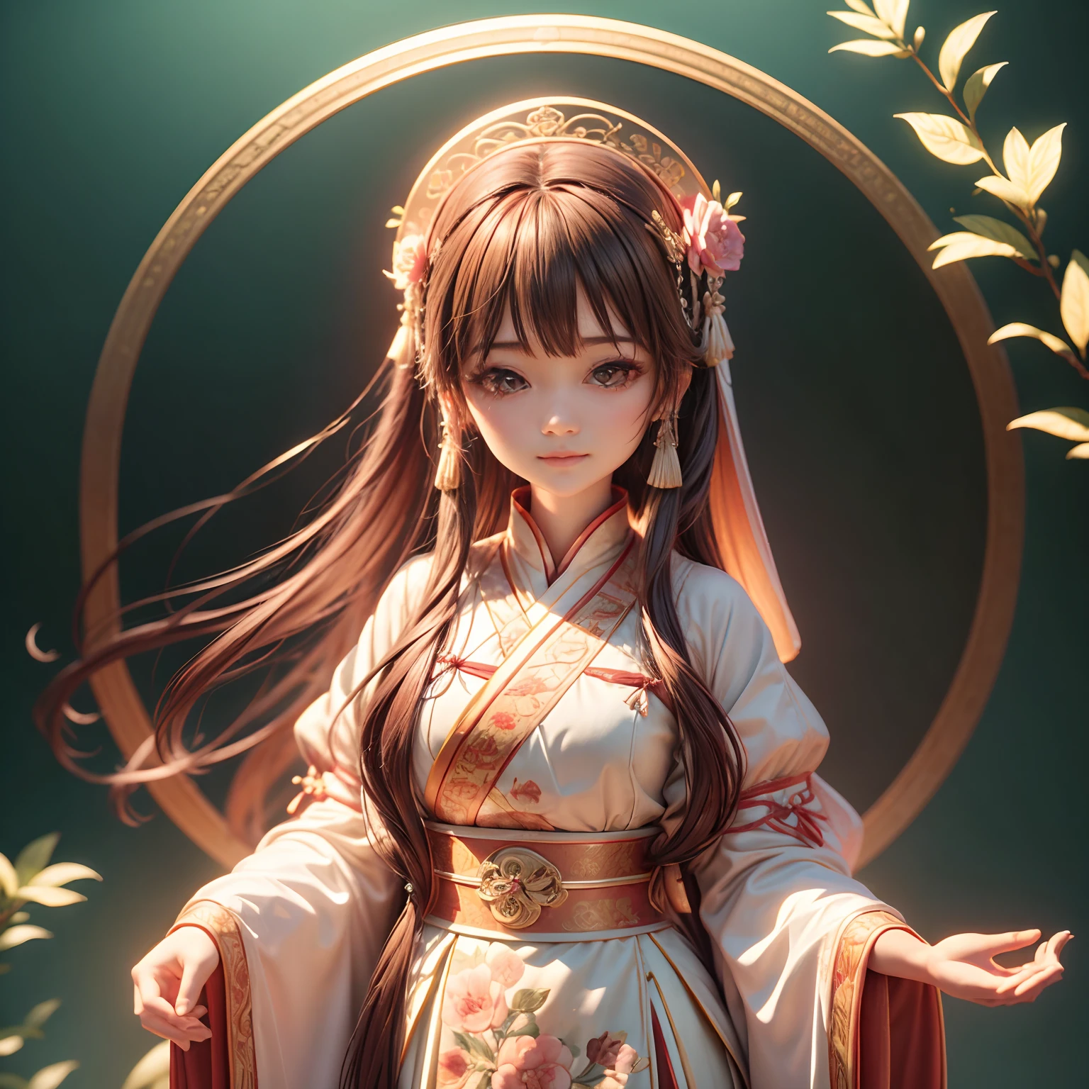 Movie Angle,(Cute girls,anatomy correct,full bodyesbian,Masterpiece camellia,Masterpiece Hanfu,ssmile),(illustratio,paper art,3Drenderingof),(plethora of colors,Best quality,high detal,tmasterpiece,Cinematic lighting effects,4K,Chiaroscuro)