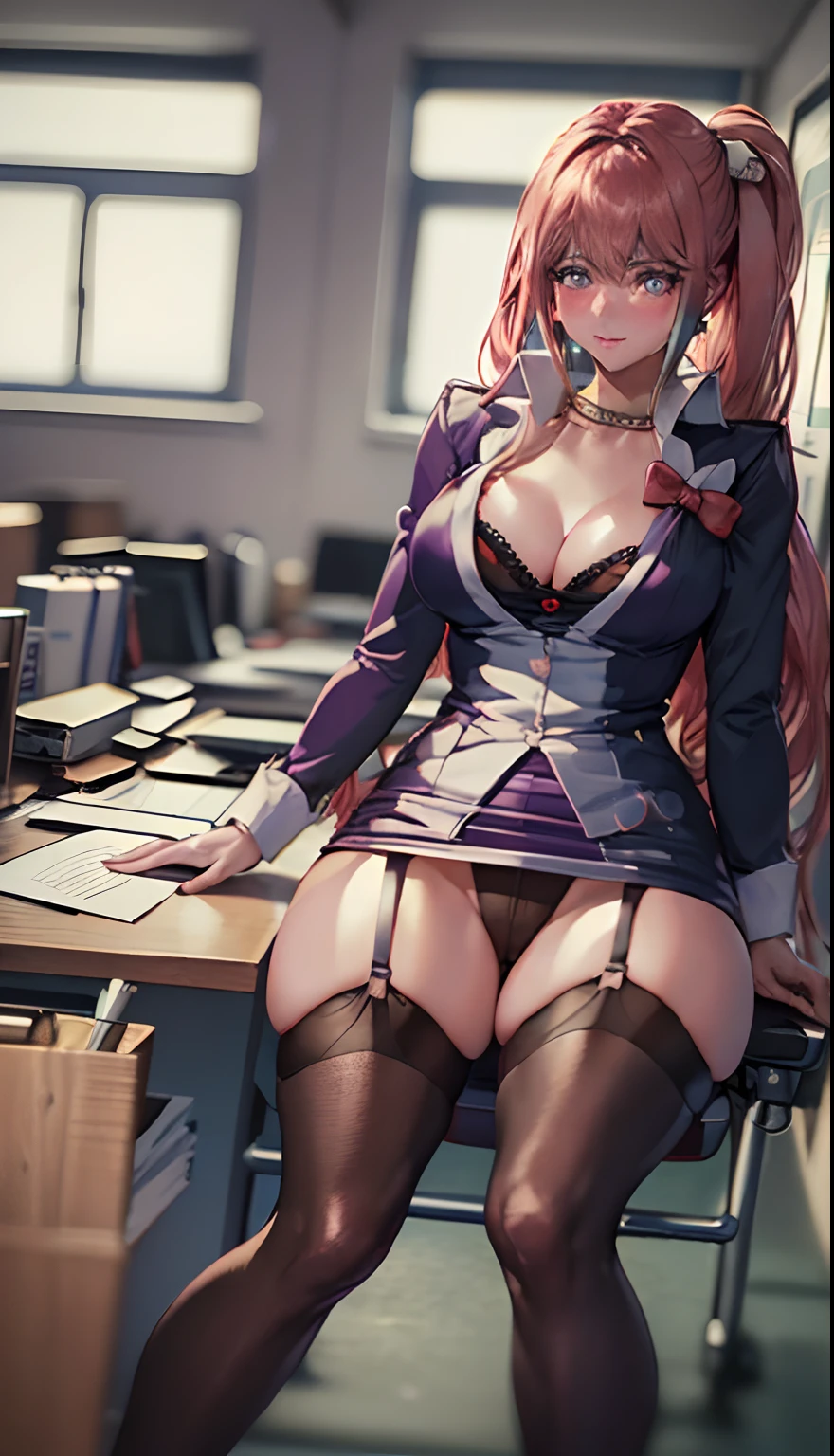 (Masterpiece, Best Quality, High Quality:1.4), professional artwork, Intricate Details, field of view, sharp focus, detailed painting, masterpiece, cinematic lighting, trending on pixiv, (vivid lighting, vibrant colors, by Nagasawa Rosetsu:1.05),
Hiroko Takashiro, (mature female, milf:1.1), solo, (curvy:1.1), sitting on an office desk with crossed legs, office, (full body shot:1.1),
(red hair:1.05), long hair, lipstick, makeup, ultra detail hair, ultra detail face, (purple eyes:1.05), perfect eyes, perfect face, earrings, (confused, blush:1.2),
shirt, jacket, (black thighhighs, garter belt:1.1), zettai ryouiki, pencil skirt, office uniform, highheels,
(Large Breasts:1.1), Cleavage, big ass, thighs,