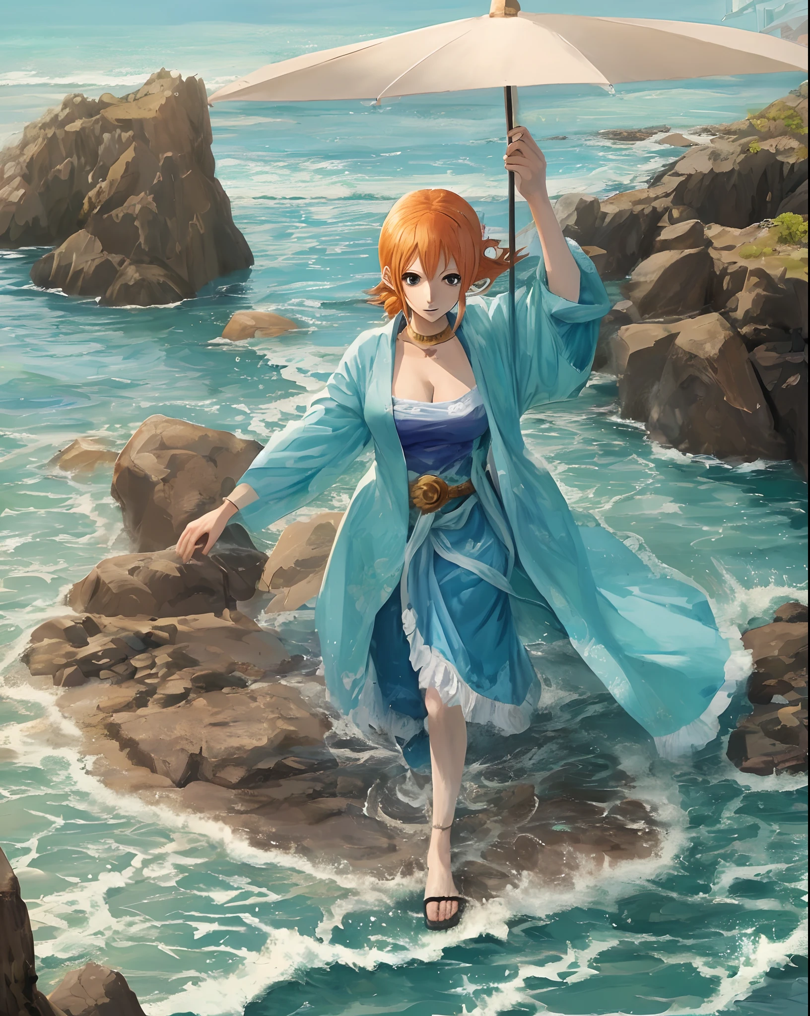 anime,nami from one piece,oda style, beach,