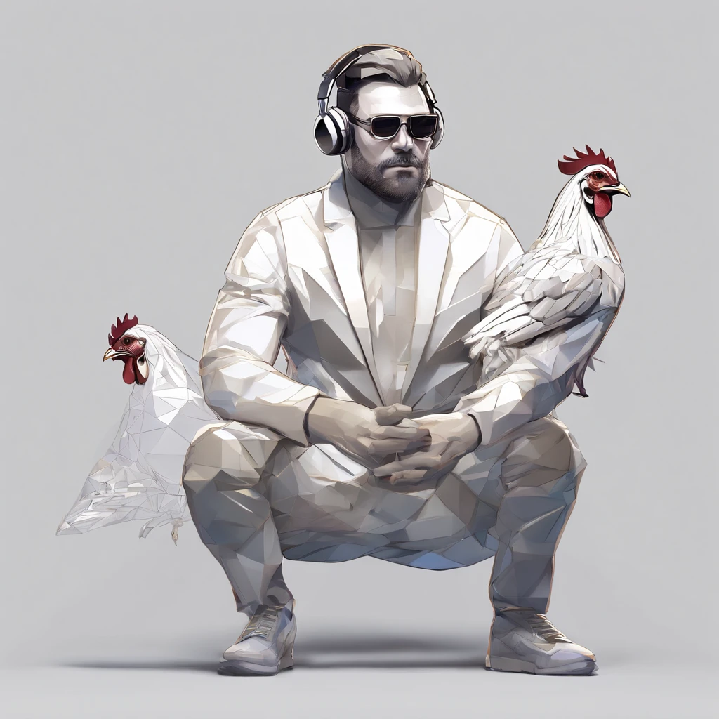 ((Man with a chicken head))、body builder、Only the head is a chicken human、Perfect centering,  Wear a student team jacket, Wearing sunglasses, Wearing headphones, cheerfulness, Standing position, Abstract beauty, Centered, Looking at the camera, Facing the camera, Approaching perfection, Dynamic, Highly detailed, Smooth, Sharp Focus, 8K, hight resolution, Illustration, art by carne griffiths and wadim kashin, White background、total、Full Body Angle、flying though the air