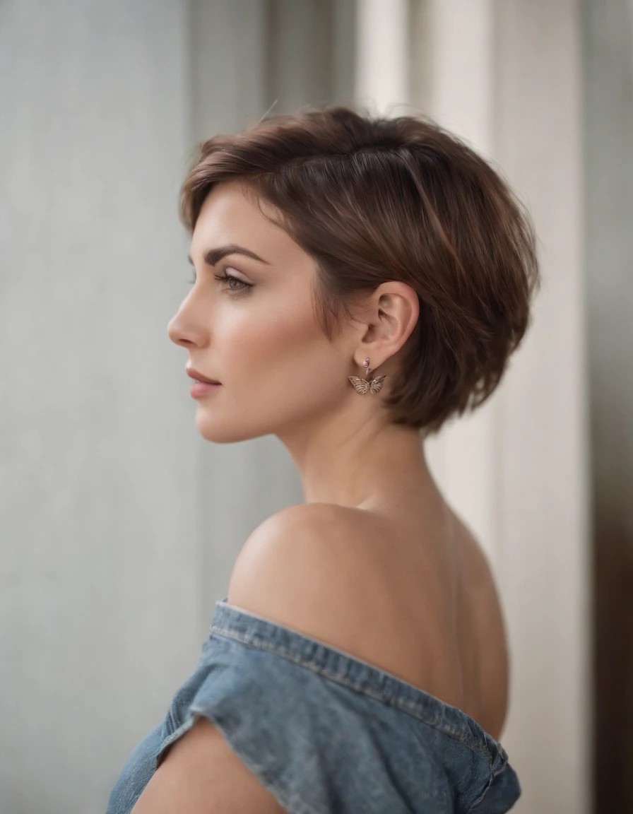 Masterpieces, detailed, perfect face and body, gorgeous woman, short hair, social media influencer, facing back, top-less, denim, colored butterfly tattoo, full tattoo on her back & sleeve, indoor, cinematic lighting, cowboy shot, captured by fujifilm XT3, Zeiss Lenses.