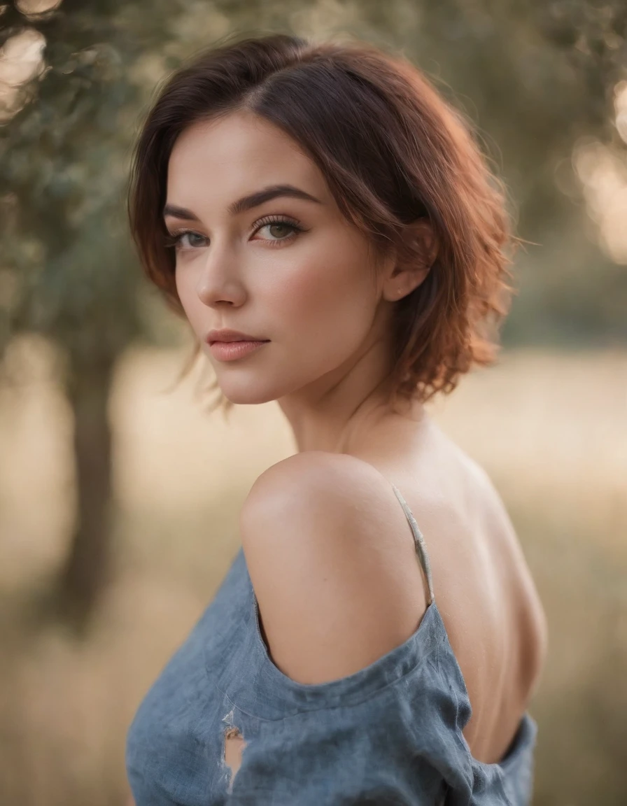 Masterpieces, detailed, perfect face and body, gorgeous woman, short hair, social media influencer, facing back, top-less, denim, colored butterfly tattoo, full tattoo on her back & sleeve, indoor, cinematic lighting, cowboy shot, captured by fujifilm XT3, Zeiss Lenses.