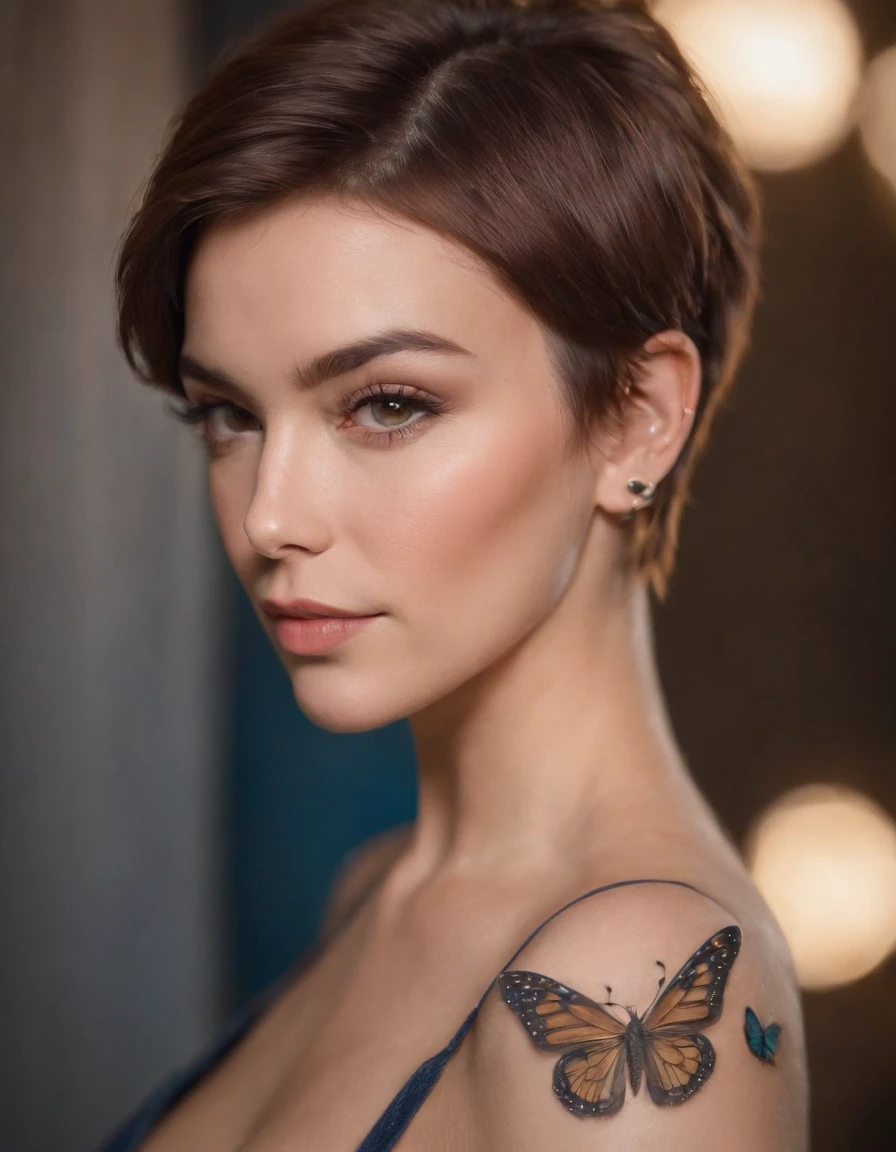 Masterpieces, detailed, perfect face and body, gorgeous woman, short hair, social media influencer, facing back, top-less, denim, colored butterfly tattoo, full tattoo on her back & sleeve, indoor, cinematic lighting, cowboy shot, captured by fujifilm XT3, Zeiss Lenses.