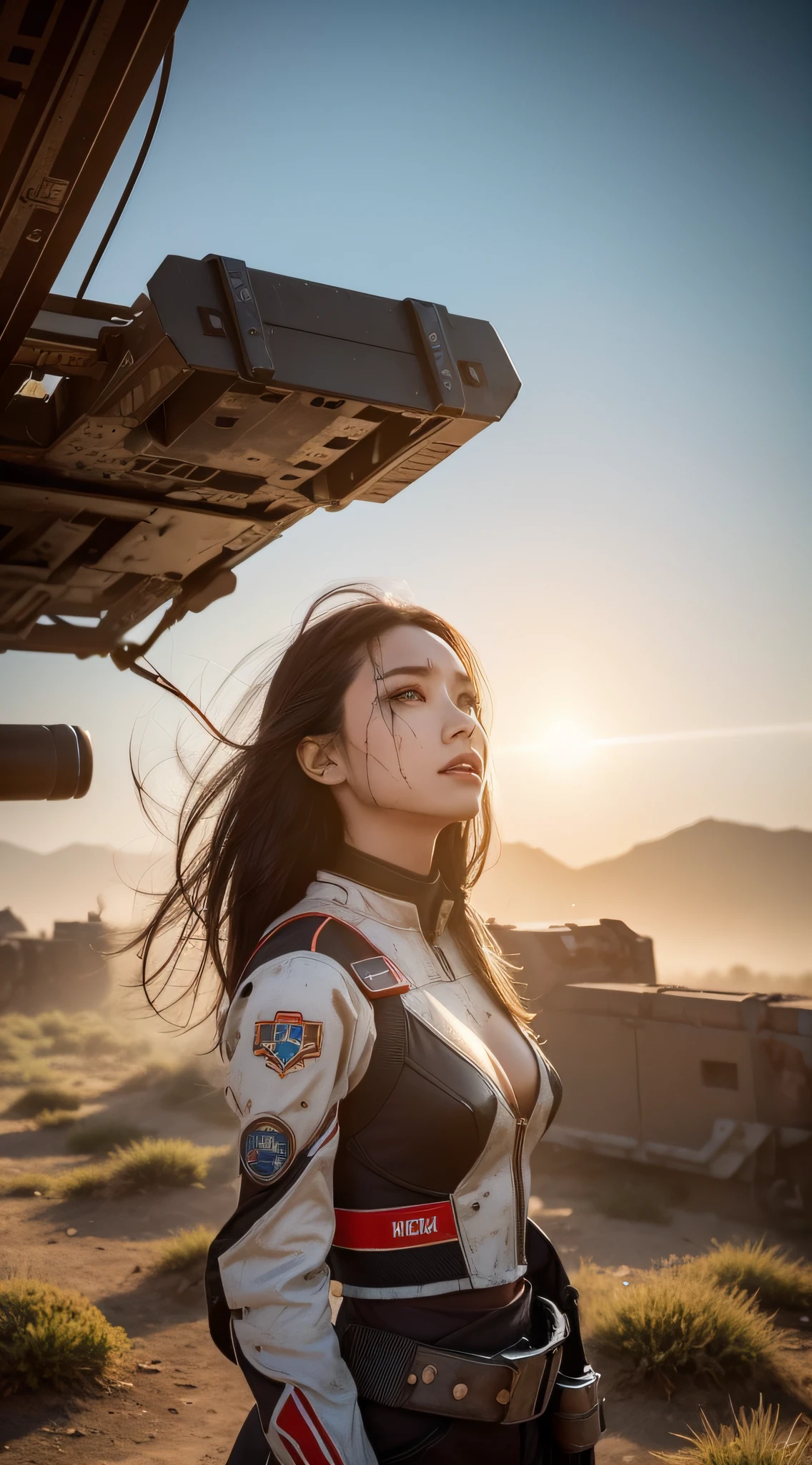 Look up at the perspective,(Digital artwork:1.3)(a sketch:1.1)Octane renders a wasteland,Swirling thick clouds,smog,Flying machines in the sky fierce battle,weed,Dilapidated houses,gravel path,Sunset,dark red color,((A girl in a combat uniform stood in front of the badly damaged and broken mech)),((The girl's long messy hair fluttered,Blood,closeup cleavage)),(Stubborn),(Steadfast),(blood stains at the corners of the mouth),(Messy long hair flying),(((The mech was spattered with blood))),(Mars splashes),((Broken upper body mech,Dropped mech fragments)),(Exposed wires),((Mecha is depicted finely)),(((super-fine))),shot at 8k resolution,petrol liquid,Firelight,Missiles streaked across the sky,weeds,gravel path,blasts,splashart,((Dynamic speed lines:1.2)),Lithography in intricate details,dongh(Light particles:1.2),(game concept:1.3),(depth of fields:1.3),Global illumination,detail-rich,Trends on ArtStation,Epic shooting,Cinematic lighting