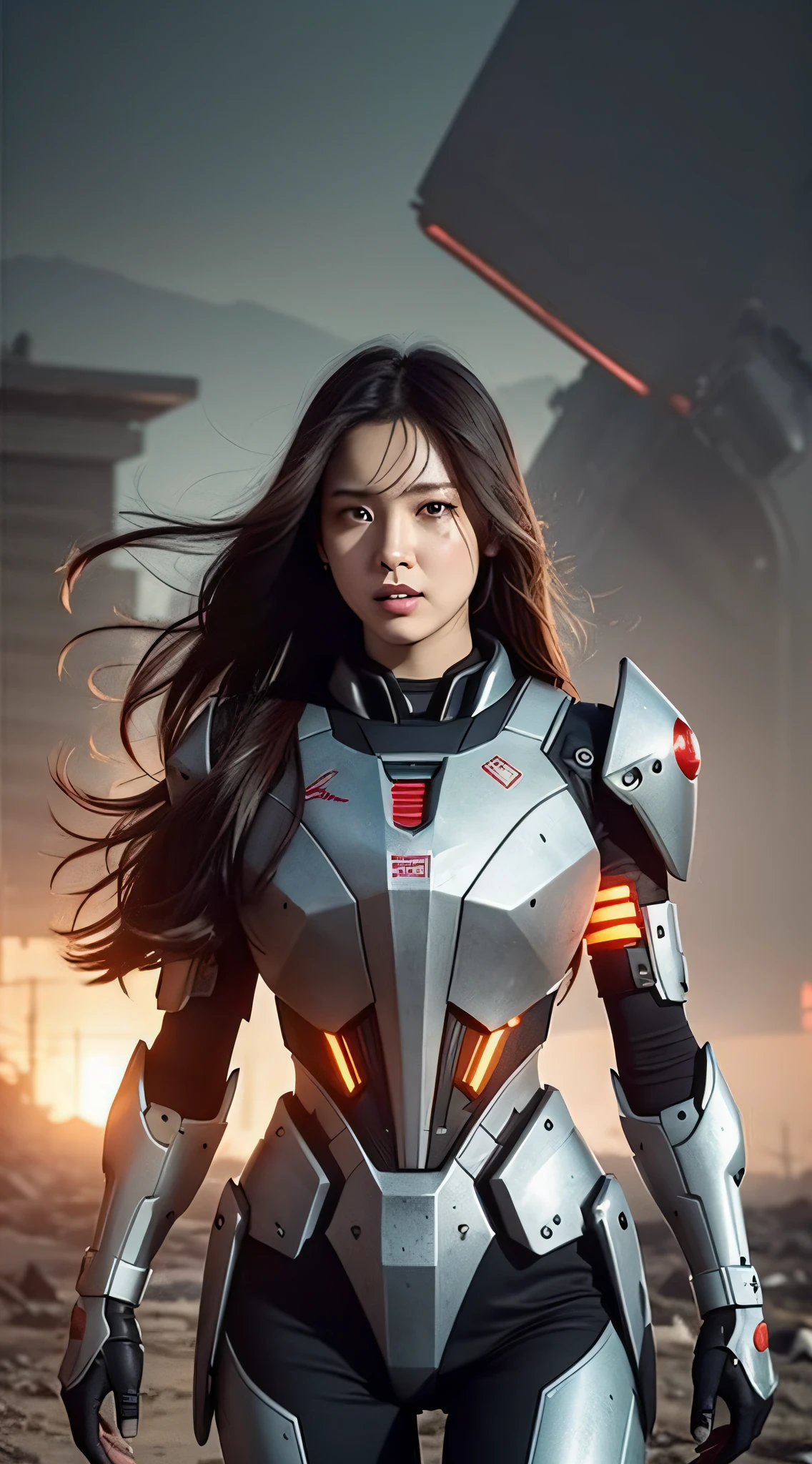 Look up at the perspective，（Digital artwork：1.3）（a sketch：1.1）Octane renders a wasteland，Swirling thick clouds，smog，Flying machines in the sky fierce battle，weed，Dilapidated houses，gravel path，Sunset，dark red color，（（A girl in a combat uniform stood in front of the badly damaged and broken mech）），（（The girl's long messy hair fluttered，Blood，closeup cleavage）），（Stubborn），（Steadfast），（blood stains at the corners of the mouth），（Messy long hair flying），（（（The mech was spattered with blood））），（Mars splashes），（（Broken upper body mech，Dropped mech fragments）），（Exposed wires），（（Mecha is depicted finely）），（（（super-fine））），shot at 8k resolution，petrol liquid，Firelight，Missiles streaked across the sky，weeds，gravel path，blasts，splashart，（（Dynamic speed lines：1.2）），Lithography in intricate details，dongh（Light particles：1.2），（game concept：1.3），（depth of fields:1.3),Global illumination,detail-rich，Trends on ArtStation，Epic shooting，Cinematic lighting