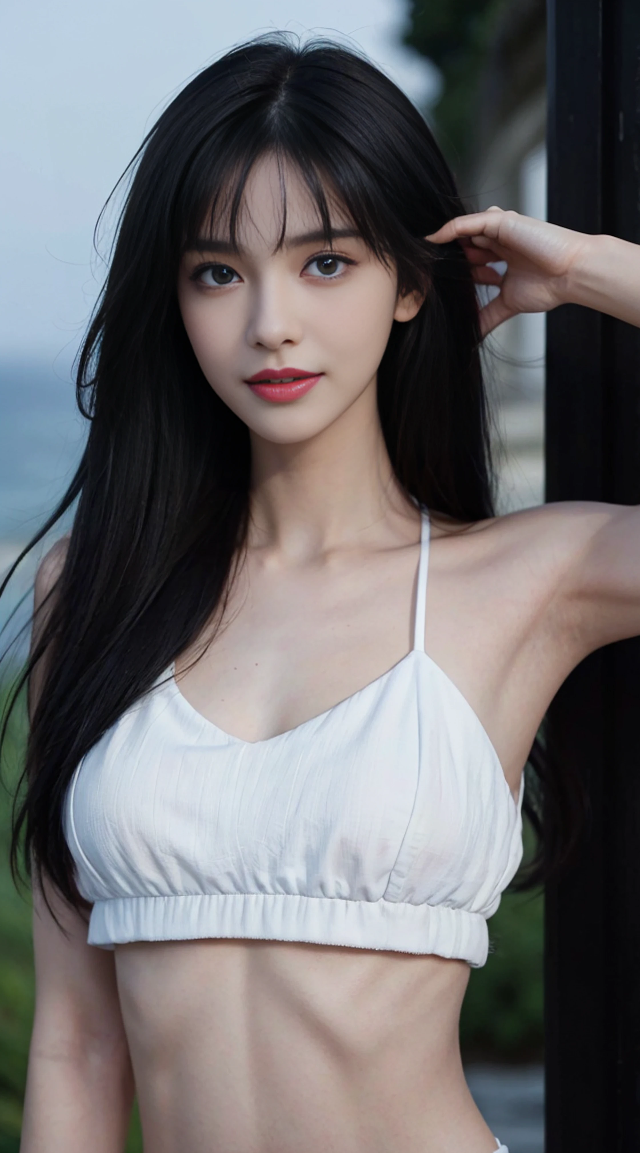 8K, Top Quality, Intricate Details, Ultra Detail, Ultra High Resolution, Masterpiece, random angle, Slender, Smile, (Makeup: 0.4), (Fluffy Blue Eyes: 1.21), blue Eyes,, ((full body)), 1girl, solo, 1 girl, (( full body)), close-up shot, , , ((tall)), (((fit body))), (((slim face))), sharp face, sharp eyes, (((black hair, low-tied long hair, bangs )) ,(detailed face), sharp face, small lips, thin lips,
((crop top)), detailed face, detailed breast, , large breast, detail, , Beautiful girl with accentuated slender abs: 1.4, Six Pack Abs: 1.4, Bust Botox, Big, Perfect Body, detail leg, (( moonlight)), ocean