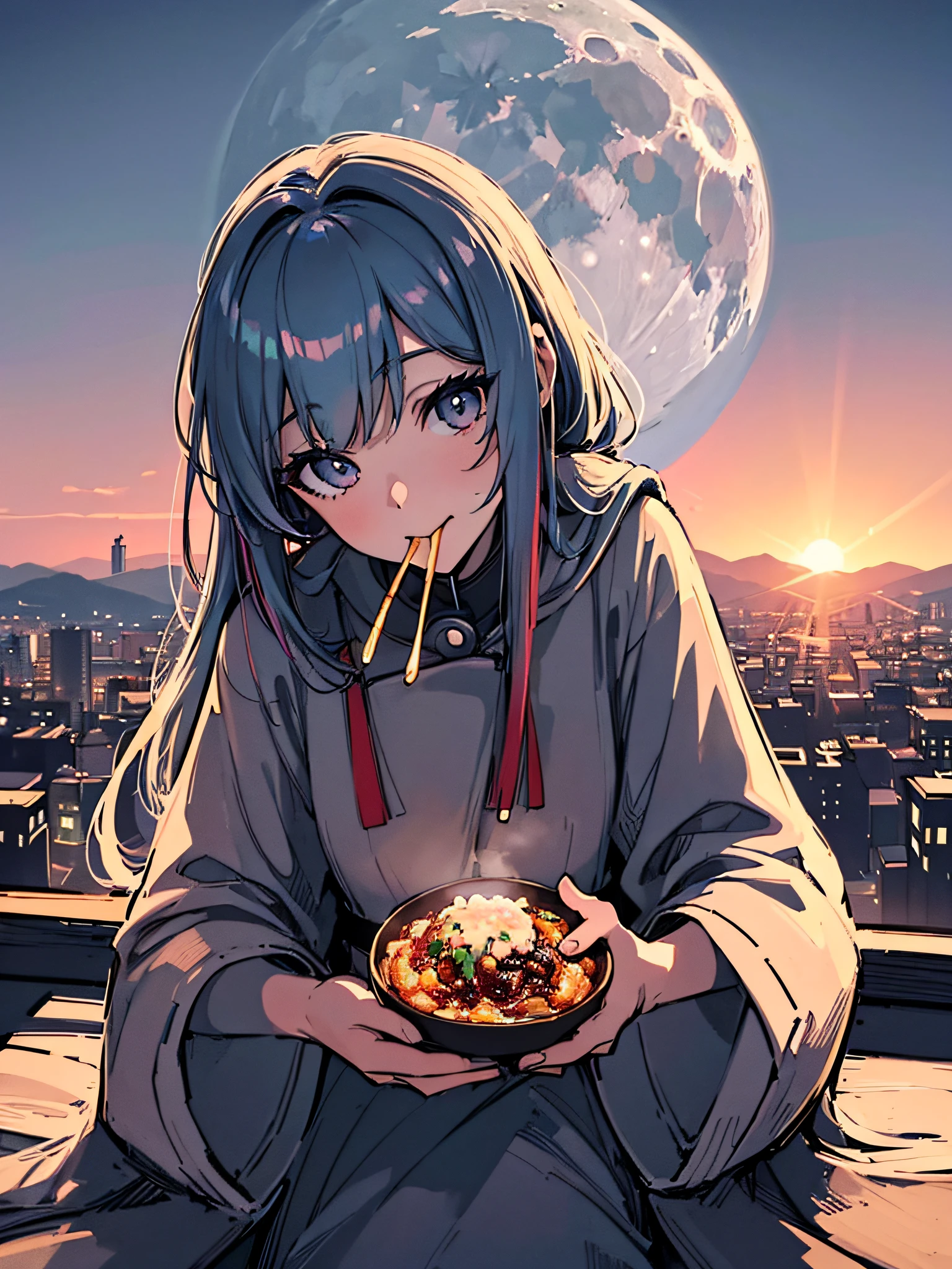 Girl sitting with feathers propped aloft, cap backwards, eating tokoyaki, sauce dripping from her mouth, with a view of the city below, moon on the horizon, (ultra-realistic), {extremely detailed 8k CG unity wallpaper }, expansive landscape photography, (a top view that prioritizes the scenery, (wide open field view), (low angle shot), (high light: 1.5), (high light: 1.5), (light source warm: 1.5), complex details, (iridescent colors: 1.5), (bright lighting), (atmospheric lighting), dreamy, food, landscape
