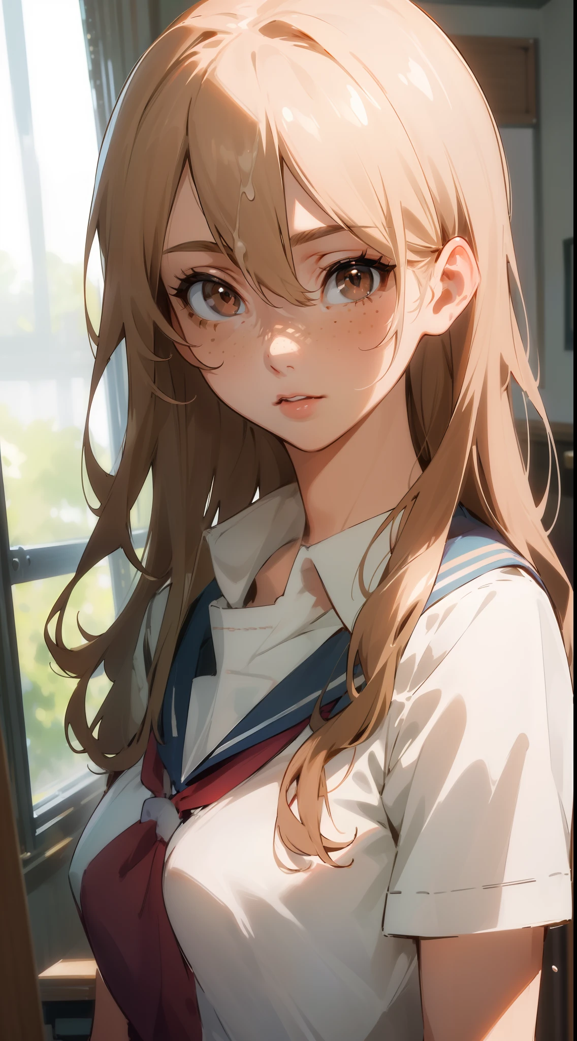 (best quality, highres, masterpiece:1.2), aoki1, brown eyes, freckles, standing, healthy skin, detailed lips, detailed eyes, long eyelashes, expressive face, medium breasts, upper body, soft lighting, vibrant colors, simple and, cum on face, ((school uniform)).