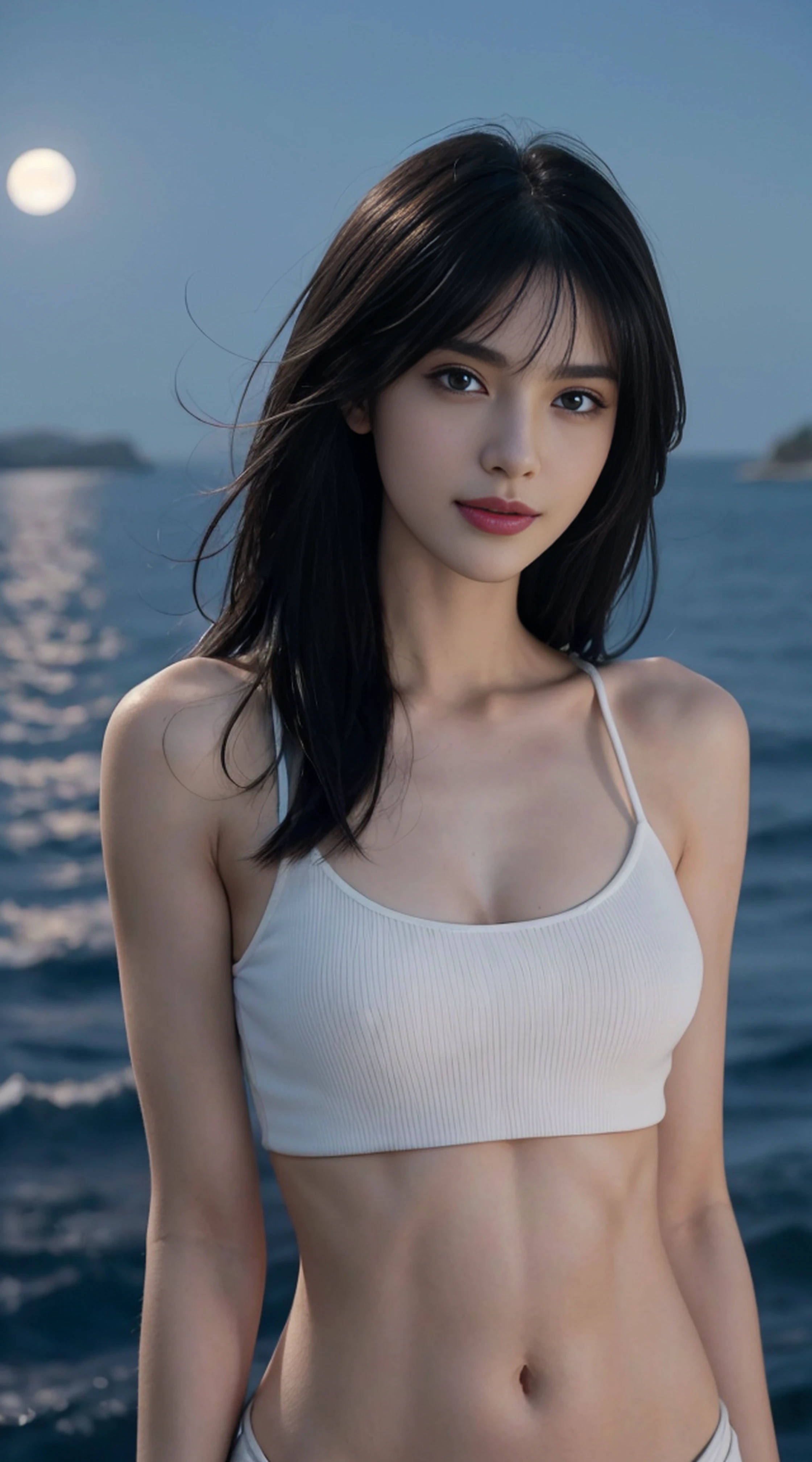 8K, Top Quality, Intricate Details, Ultra Detail, Ultra High Resolution, Masterpiece, random angle,  Slender, Smile, (Makeup: 0.4), (Fluffy Blue Eyes: 1.21), blue Eyes,, ((full body)), 1girl, solo, 1 girl, (( full body)),  close-up shot,  , , ((tall)), (((fit body))), (((slim face))), sharp face, sharp eyes, (((black hair, low-tied long hair, bangs ))  ,(detailed face), sharp face, small lips, thin lips, 
 ((crop top)),  detailed face, detailed breast, , large breast, detail, , Beautiful girl with accentuated slender abs: 1.4, Six Pack Abs: 1.4, Bust Botox, Big, Perfect Body, detail leg, (( moonlight)), ocean