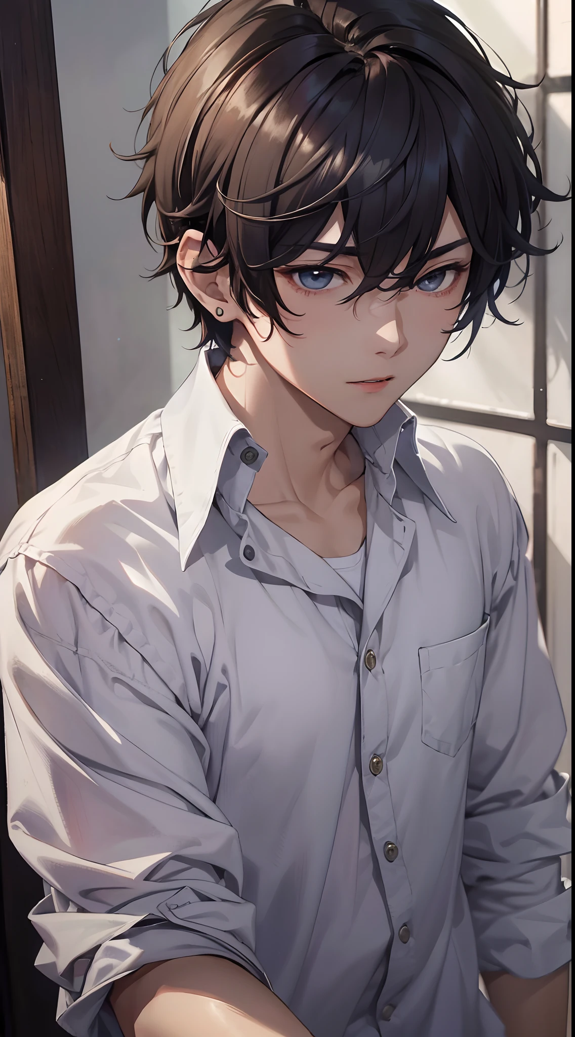 (absurderes、A high resolution、ultra - detailed、hdr)、tmasterpiece、top-quality、Libido boy、独奏、A handsome、short detailed hair、whaite hair、finely eye and detailed face、Casual clothing、Real shadows、joy、Connect the ears、