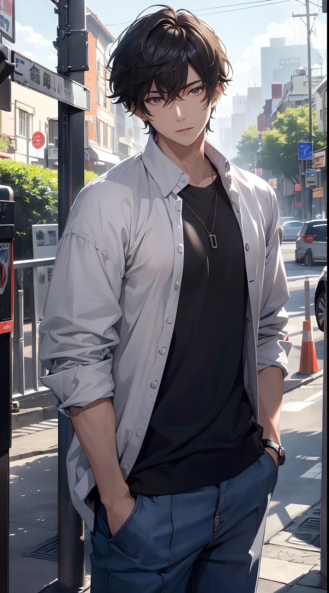 (absurderes、A high resolution、ultra - detailed、hdr)、tmasterpiece、top-quality、Libido boy、独奏、A handsome、short detailed hair、whaite hair、finely eye and detailed face、Casual clothing、Real shadows、joy、Connect the ears、