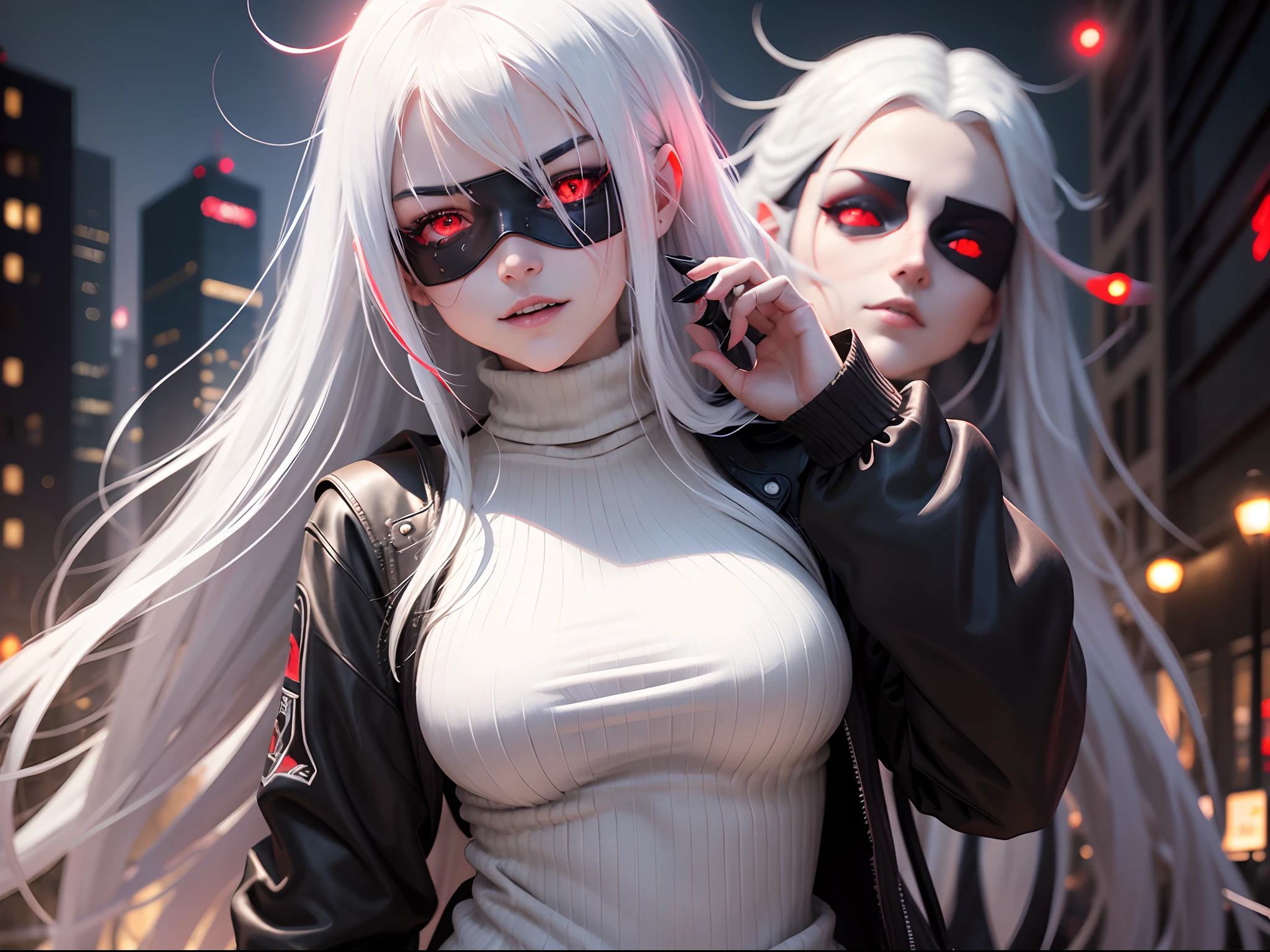 1girll, (Solo), Anime girl with long white hair and red eyes, Girl with white hair, Girl in white turtleneck sweater, ((blindfolds)), pointy-eared, ((Vampire)), fake smile, Smug, Closed mouth, Cowboy shot, Perfect white haired girl, white-haired god, Digital cyberpunk anime art, Turtleneck, Lens flare, ((Dramatic lighting)), Softly glowing red eyes, Extremely detailed, Masterpiece, view the viewer, urban in the background, (Night)