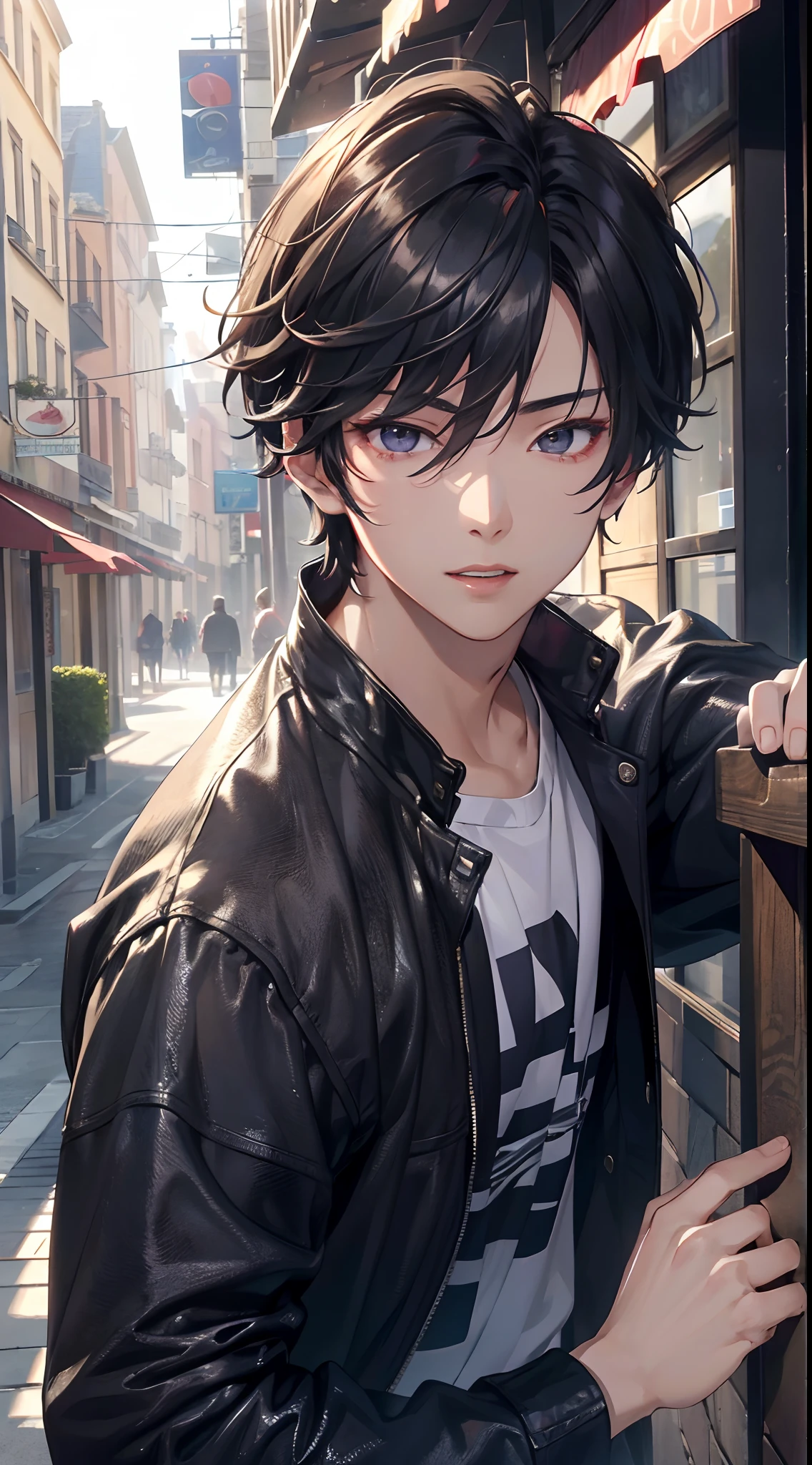 (absurderes、A high resolution、ultra - detailed、hdr)、tmasterpiece、top-quality、Libido boy、独奏、A handsome、short detailed hair、whaite hair、finely eye and detailed face、Casual clothing、Real shadows、joy、Connect the ears、