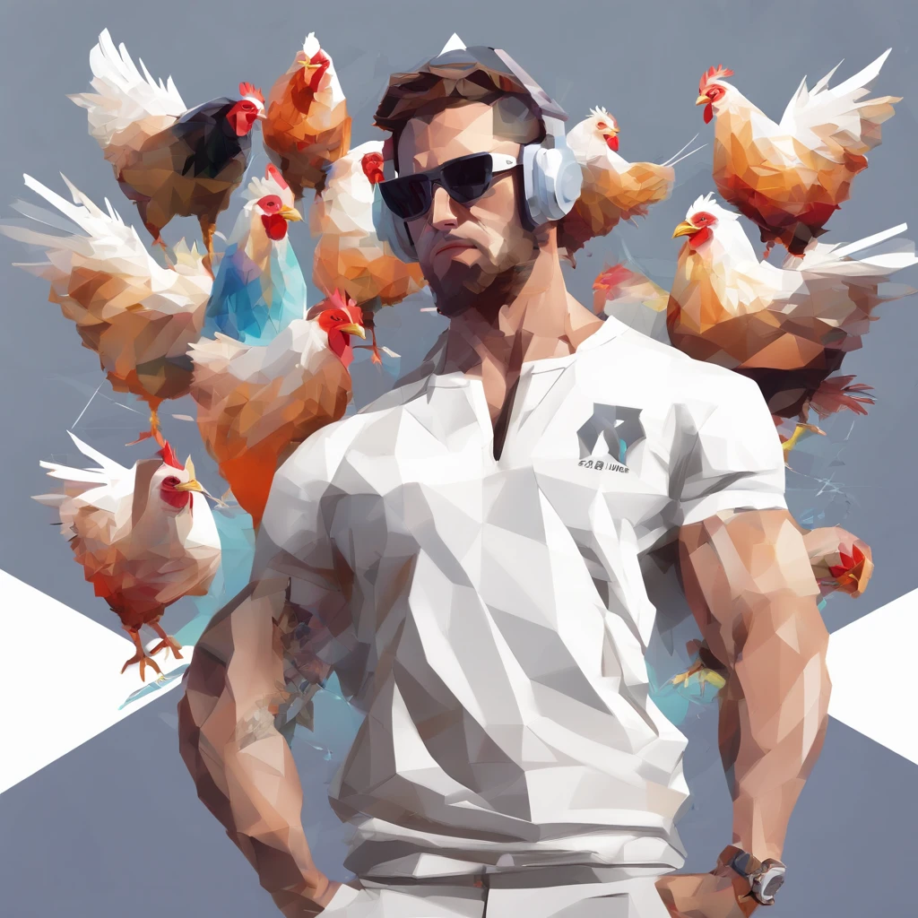 ((Man with a chicken head))、body builder、Only the head is a chicken human、Perfect centering, Wear a student team jacket, Wearing sunglasses, Wearing headphones, cheerfulness, Standing position, Abstract beauty, Centered, Looking at the camera, Facing the camera, Approaching perfection, Dynamic, Highly detailed, Smooth, Sharp Focus, 8K, hight resolution, Illustration, art by carne griffiths and wadim kashin, White background、total、Full Body Angle、flying though the air