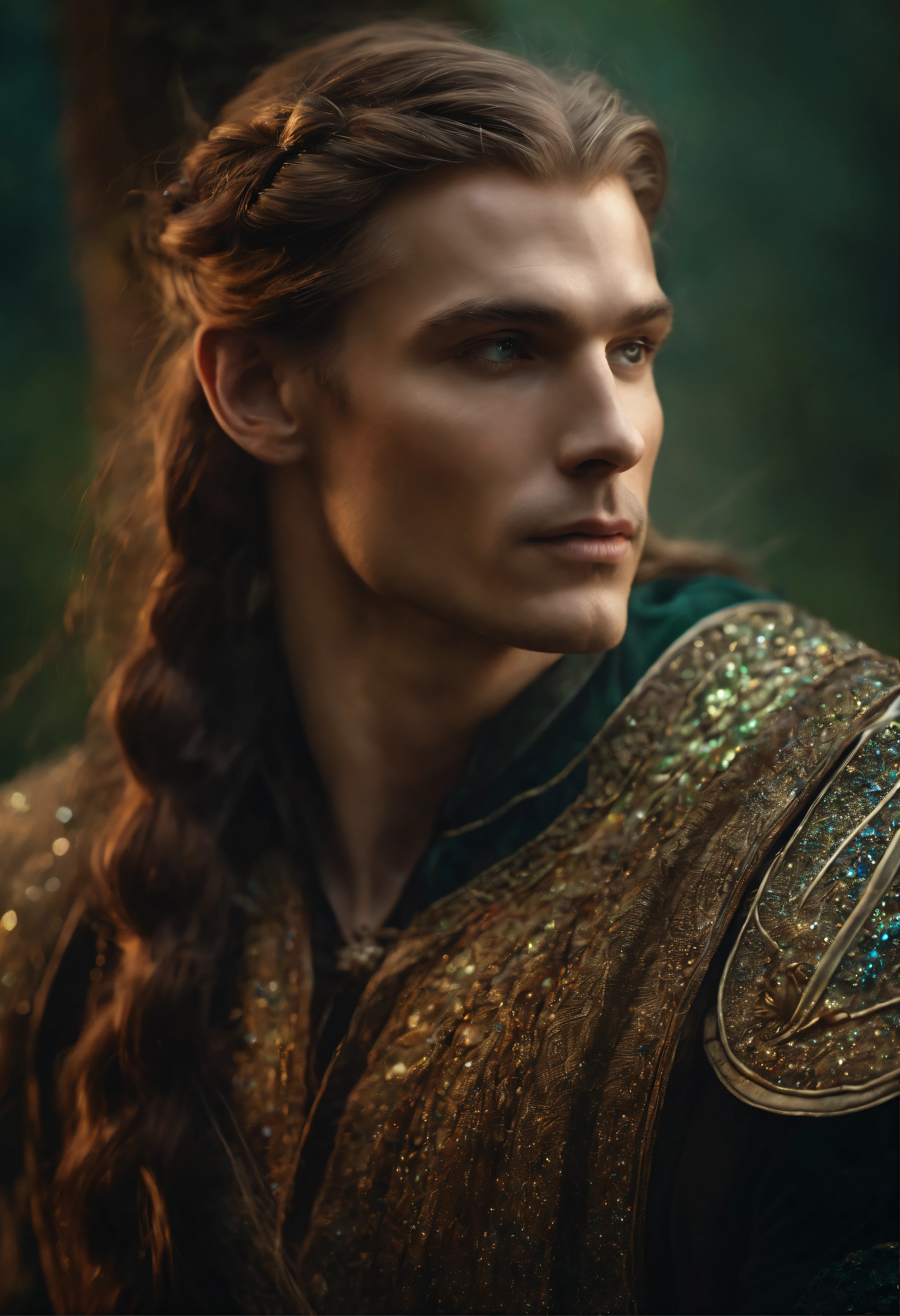 ((one man)), Fantasy portrait of a man in mithorogic costume, ((long sleaves)), with mysterious colored eyes, pale skin, and loose braided hair, magical, beautiful, enchanting, photorealism, midshot, ((deep forest)), (((sparkle particles in the air))), ((fantasy art)), ((fireflys)),