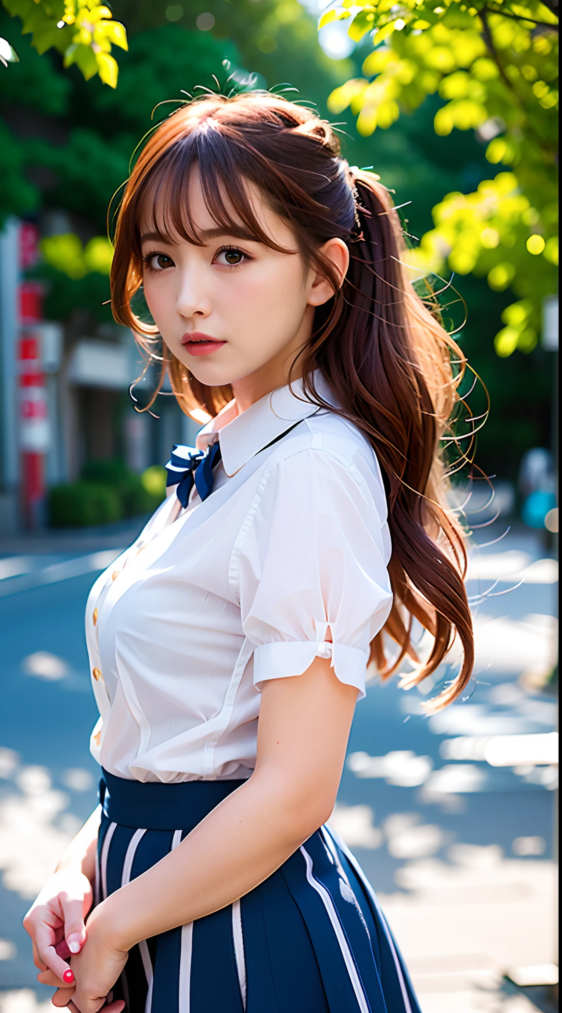 iulora， 1girll， 独奏， realisticlying， best qualtiy， nikon RAW photo，8 k''，富士XT3，tmasterpiece，超高分辨率，hdr，8K，A high resolution，（realisticlying：1.4），（Realistic damp skin：1.2），（22yo：1.3），Detailed eyes，long whitr hair，（light-blonde hair：1），Close-up portrait，Small face，Qi bangs，Look at the lens at a 45-degree angle from the side of the face，Stand on the streets of Tokyo，Street depth of field，Background with，Cinematic lighting effects，Gigantic big tits：1.2，A white shirt with short sleeves：1.1，Dark blue bow tie，Short dark gray horizontal patterned skirt，shyexpression ，Raised sexy，Lovely，is shy：1.4，jpn