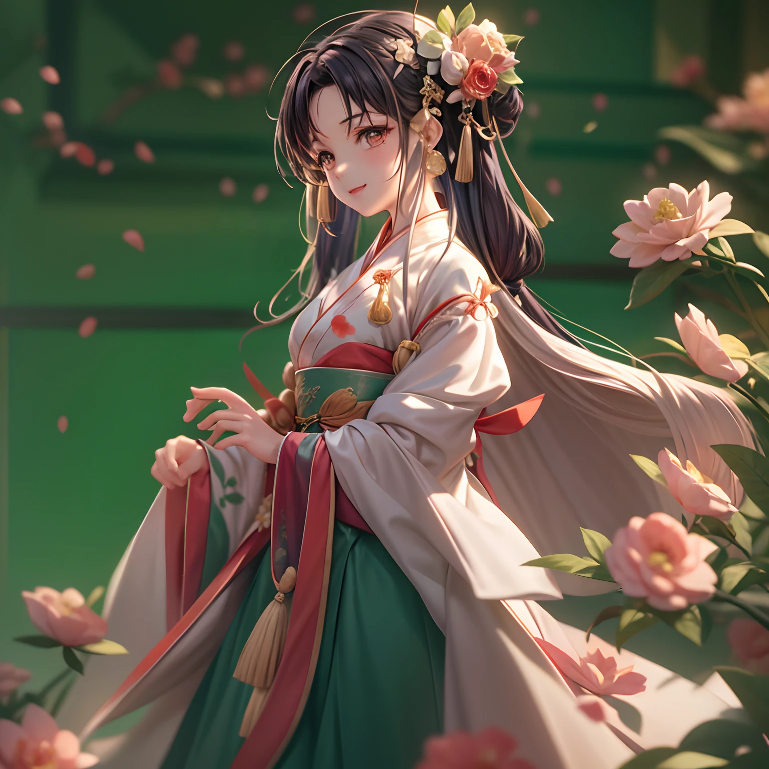 Movie Angle,(Cute girls,anatomy correct,full bodyesbian,Masterpiece camellia,Masterpiece Hanfu,ssmile),(illustratio,paper art,3Drenderingof),(plethora of colors,Best quality,high detal,tmasterpiece,Cinematic lighting effects,4K,Chiaroscuro)