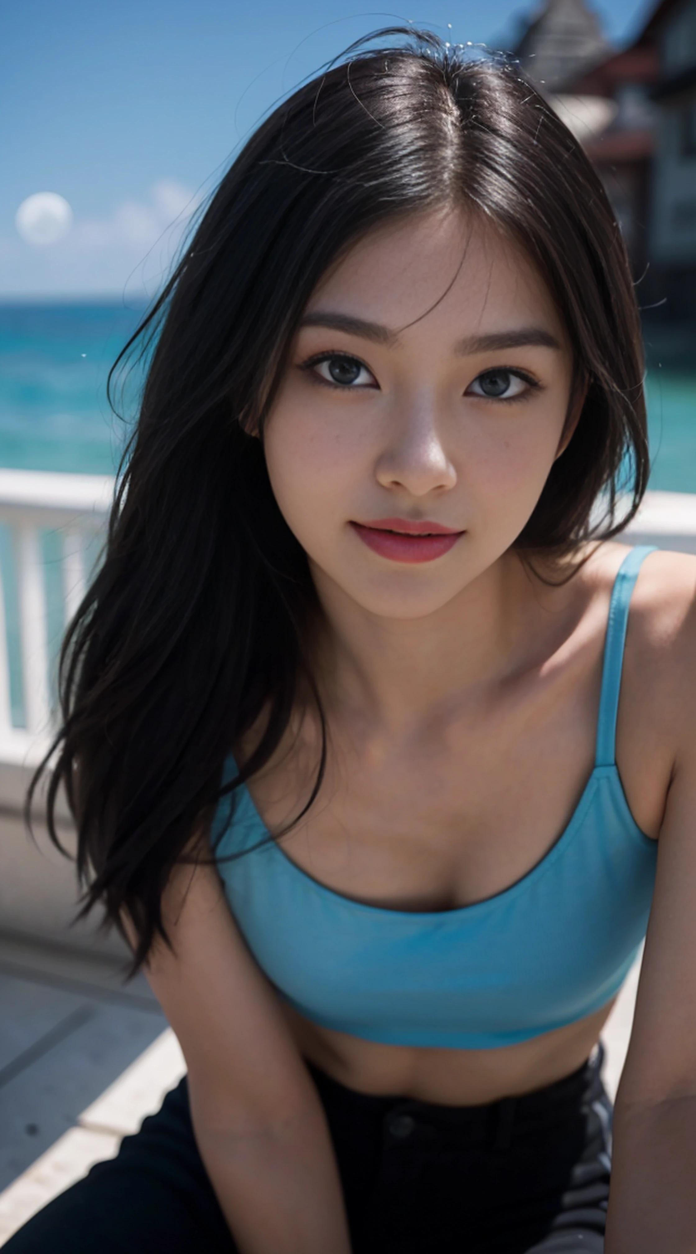 8K, Top Quality, Intricate Details, Ultra Detail, Ultra High Resolution, Masterpiece, random angle, Slender, Smile, (Makeup: 0.4), (Fluffy Blue Eyes: 1.21), blue Eyes,, ((full body)), 1girl, solo, 1 girl, (( full body)), close-up shot, , , ((tall)), (((fit body))), (((slim face))), sharp face, sharp eyes, (((black hair, low tied, long hair, bangs )) ,(detailed face), sharp face, small lips, thin lips,
((crop top)), detailed face, detailed breast, , large breast, detail, , Beautiful girl with accentuated slender abs: 1.4, Six Pack Abs: 1.4, Bust Botox, Big, Perfect Body, detail leg, (( moonlight)), ocean