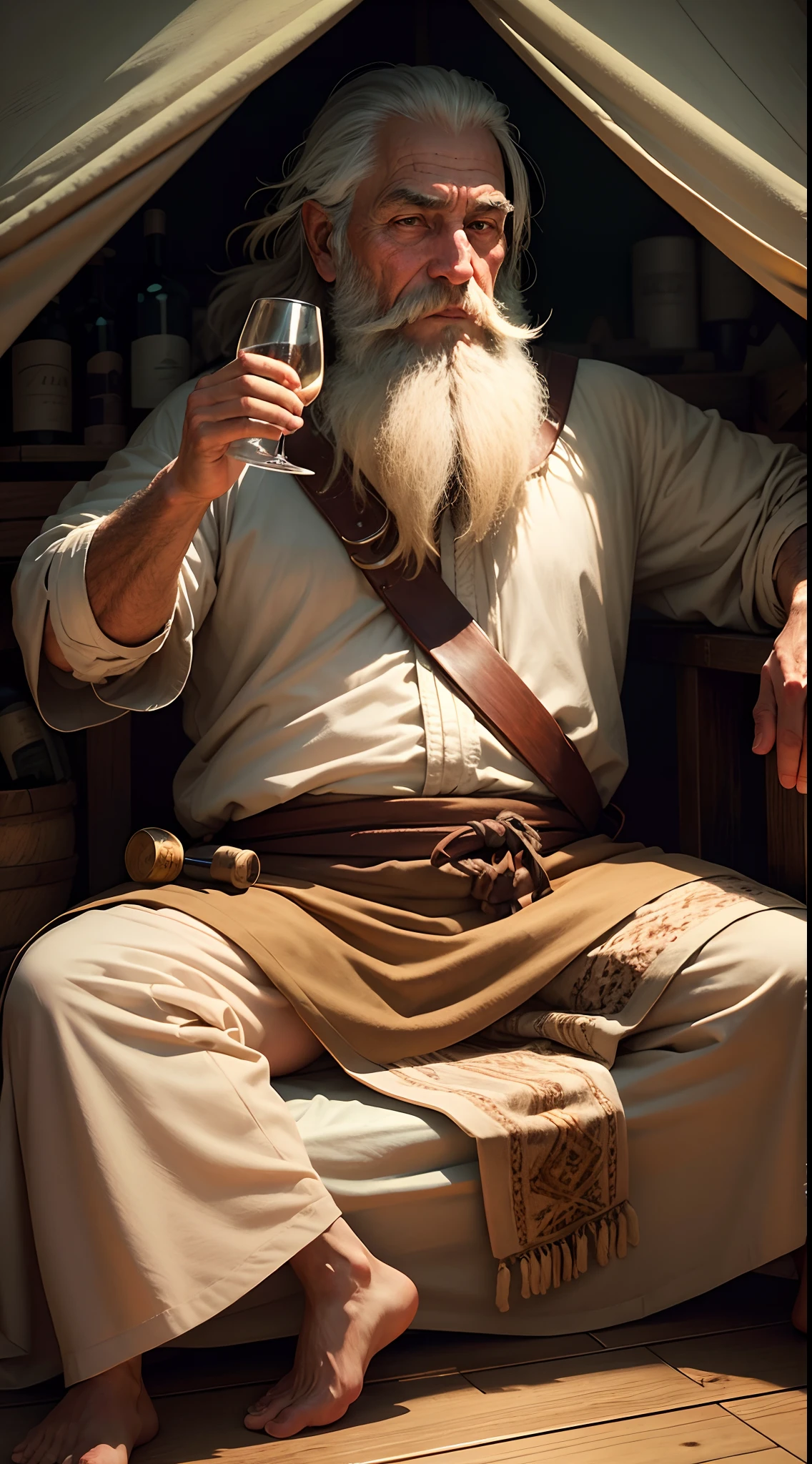 Drunken Noah, Old man with long beard, Cabelos Longos, drunk sitting on the floor inside a tent, personagem biblico, clothes from biblical times, segurando um calice de vinho, holding a glass of wine, bebendo vinho, getting drunk, Lugar escuro, candlelit.