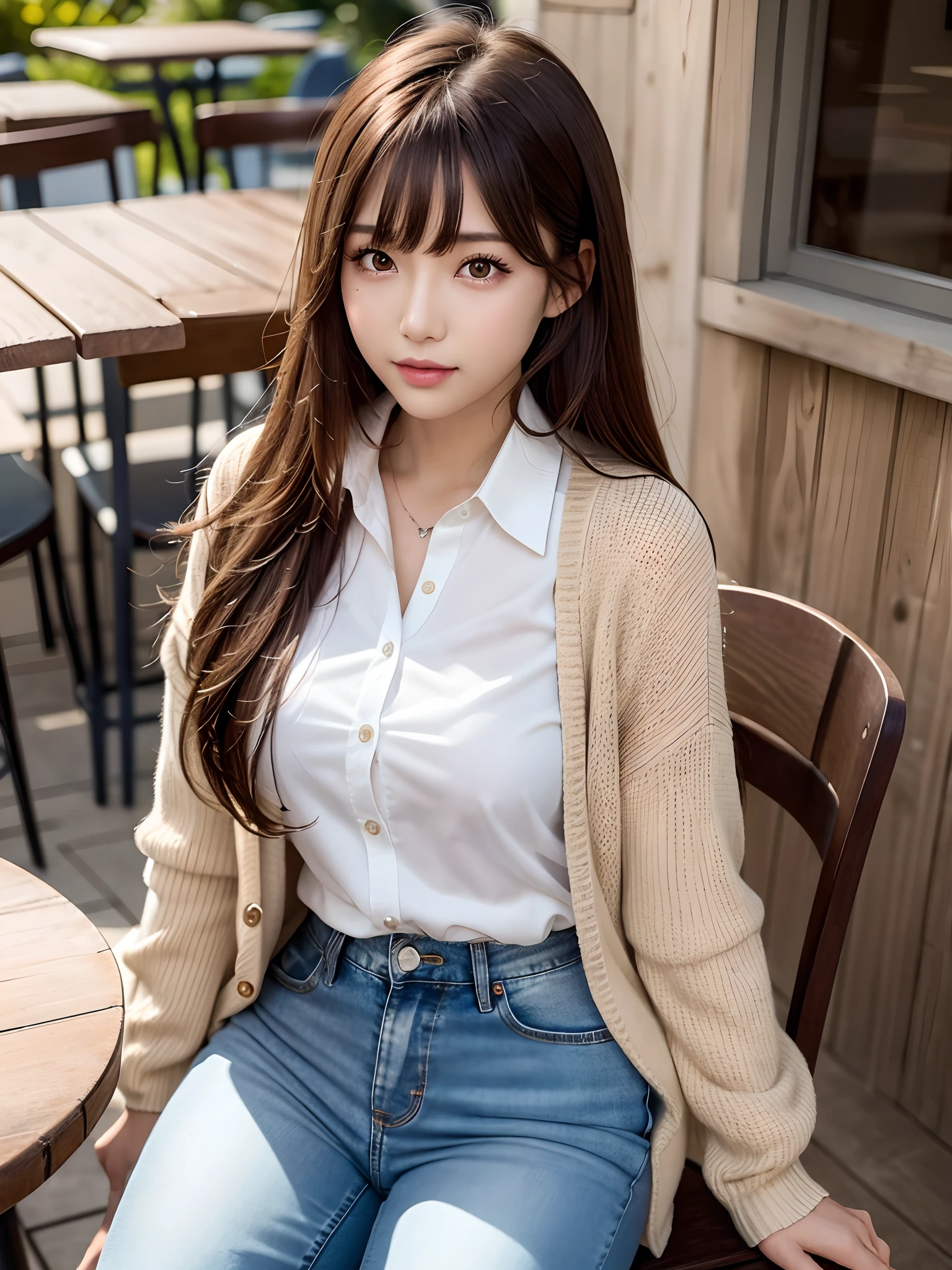 product quality, 1 girl, cowboy shot, front view, a Japanese young pretty girl, long bob hair, wearing a marriage ring, sitting with a big smile on a chair in front of a table in outdoor cafe, coffee on the table, wearing a long length light yellow cardigan over a satin silk white shirt with collared, wearing light brown long jeans, hyper cute face, glossy lips, double eyelids for both eyes, natural makeup, shiny smooth light brown hair of long bob hair, asymmetrical bangs, tanned skin, high resolution, high detail, detailed hairstyle, detailed face, cinematic lighting, octane rendering, hyper realistic, perfect limbs, perfect anatomy