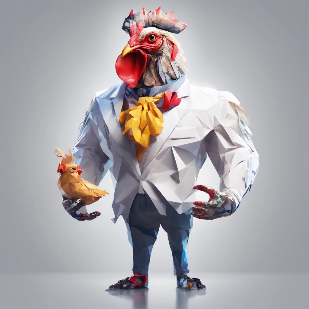 ((Man with a chicken head))、body builder、Only the head is a chicken human、Perfect centering, Wear a student team jacket, Wearing sunglasses, Wearing headphones, cheerfulness, Standing position, Abstract beauty, Centered, Looking at the camera, Facing the camera, Approaching perfection, Dynamic, Highly detailed, Smooth, Sharp Focus, 8K, hight resolution, Illustration, art by carne griffiths and wadim kashin, White background、total、Full Body Angle、flying though the air
