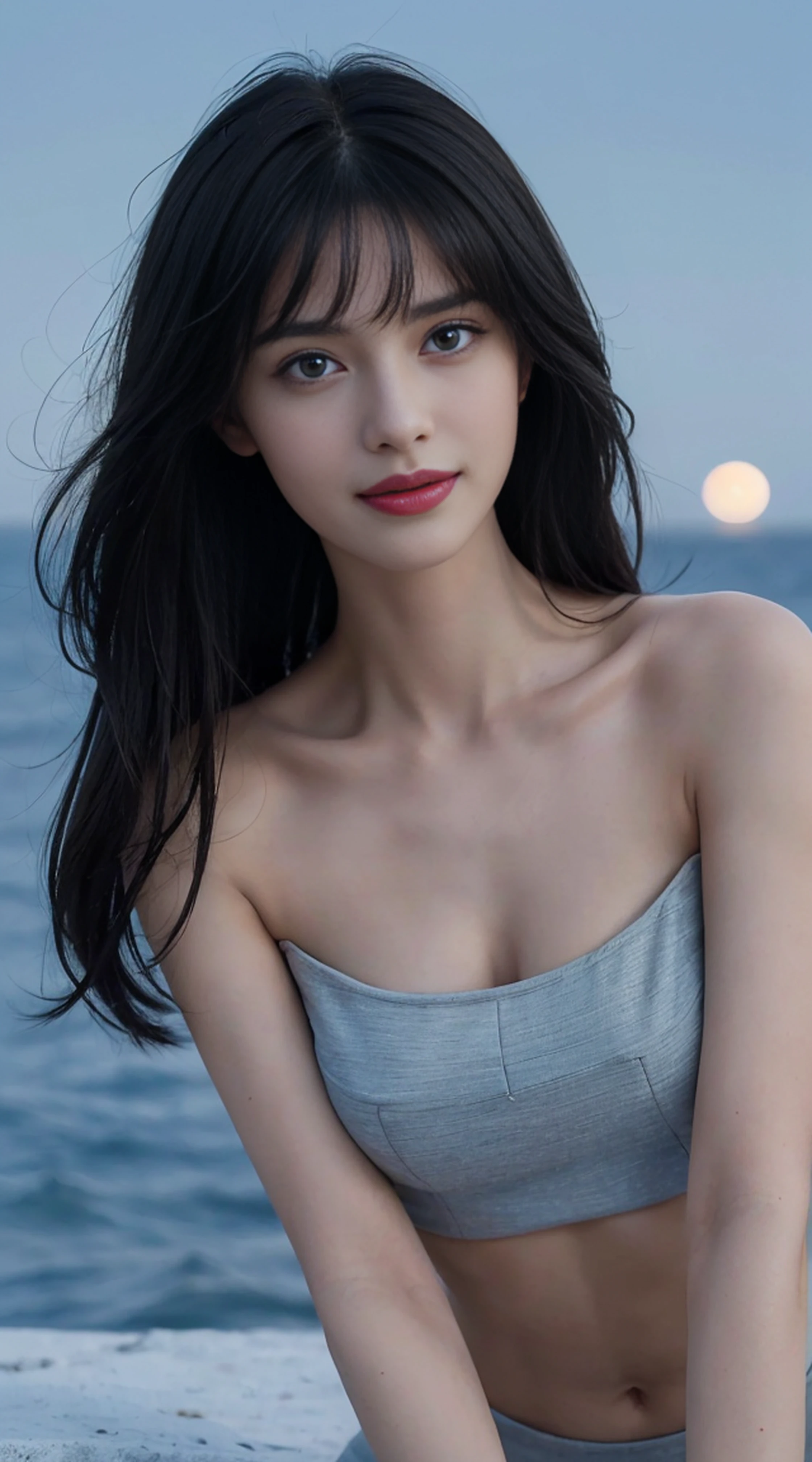 8K, Top Quality, Intricate Details, Ultra Detail, Ultra High Resolution, Masterpiece, random angle, Slender, Smile, (Makeup: 0.4), (Fluffy Blue Eyes: 1.21), blue Eyes,, ((full body)), 1girl, solo, 1 girl, (( full body)), close-up shot, , , ((tall)), (((fit body))), (((slim face))), sharp face, sharp eyes, (((black hair, low tied, long hair, bangs )) ,(detailed face), sharp face, small lips, thin lips,
((crop top)), detailed face, detailed breast, , large breast, detail, , Beautiful girl with accentuated slender abs: 1.4, Six Pack Abs: 1.4, Bust Botox, Big, Perfect Body, detail leg, (( moonlight)), ocean