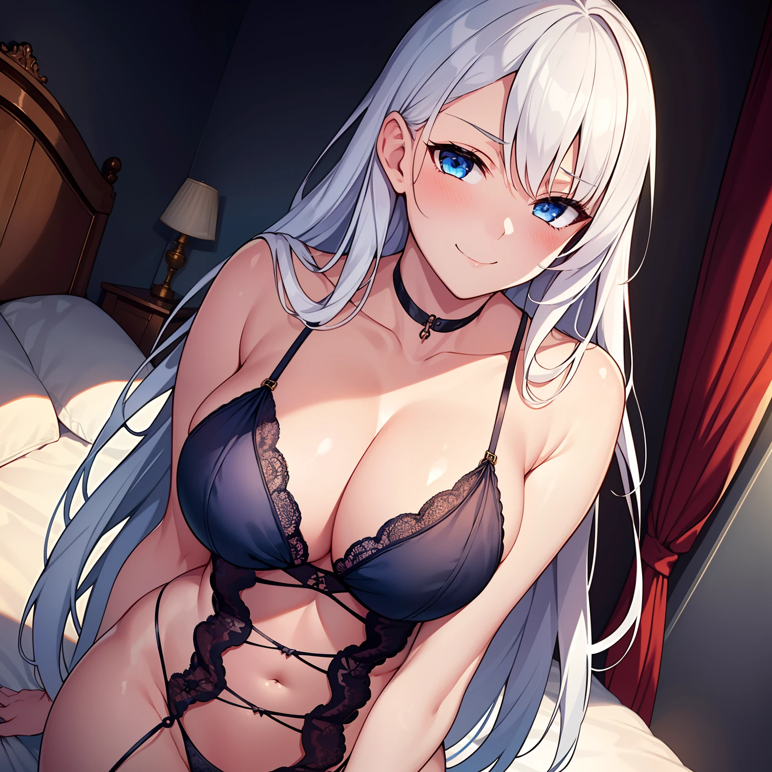 1girl,big breasts,standing in bed,(8k),detailed face,white hair,navy blue eyes,very long hair,embarassed,small smile face, high_res, high_definition,sexy pose, black Lace lingerie, (Sexy lingerie Custome:1.1),