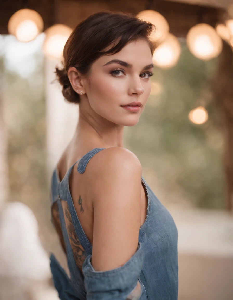 Masterpieces, detailed, perfect face and body, gorgeous woman, short hair, social media influencer, facing back, back-less t-shirt, denim, colored butterfly tattoo, full tattoo on her back & sleeve, indoor, cinematic lighting, cowboy shot, captured by fujifilm XT3, Zeiss Lenses.