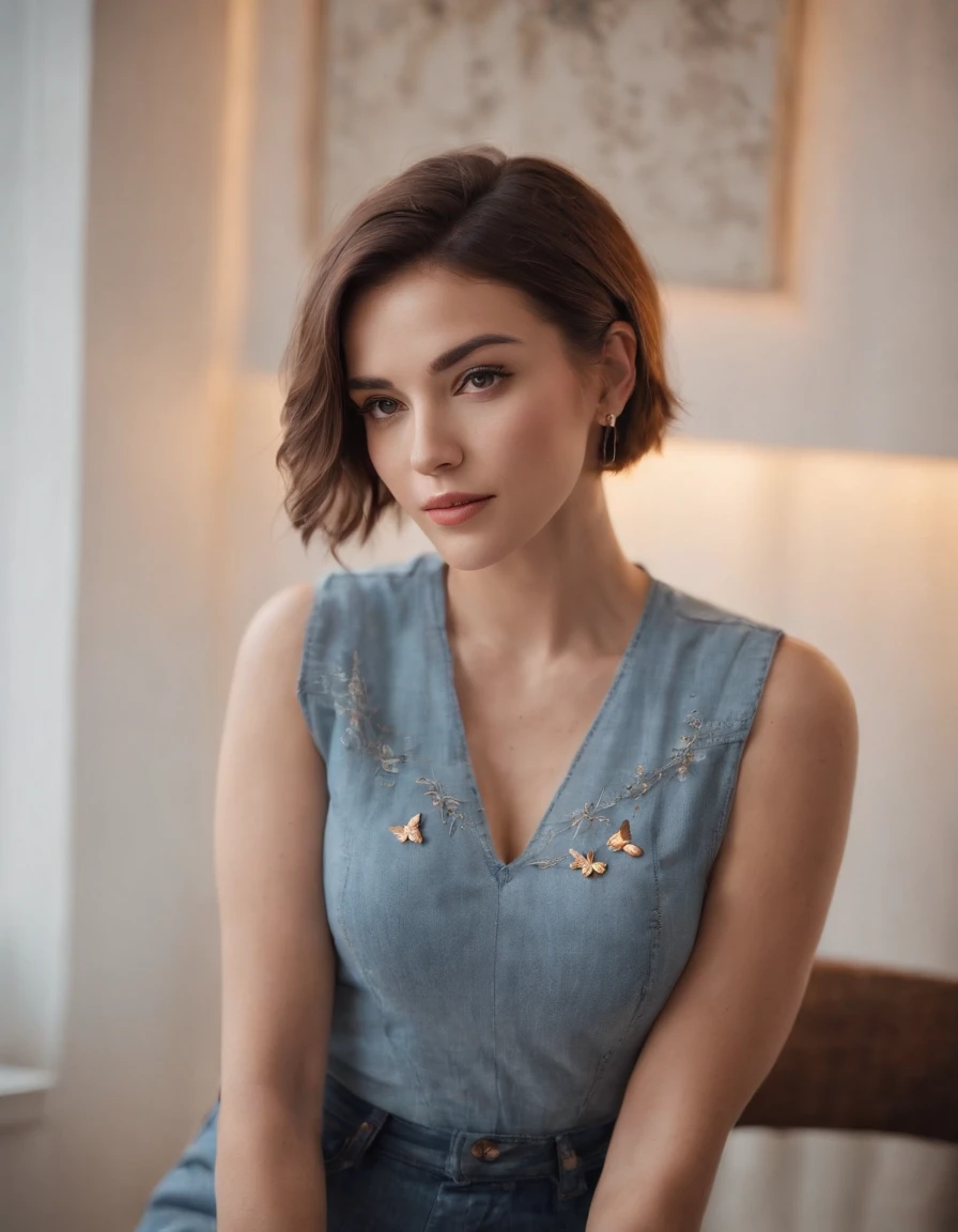 Masterpieces, detailed, perfect face and body, gorgeous woman, short hair, social media influencer, facing back, back-less t-shirt, denim, colored butterfly tattoo, full tattoo on her back & sleeve, indoor, cinematic lighting, cowboy shot, captured by fujifilm XT3, Zeiss Lenses.