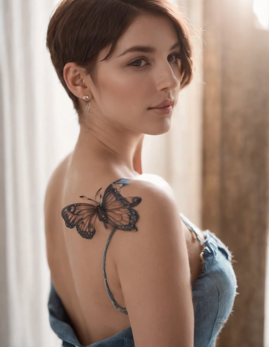 Masterpieces, detailed, perfect face and body, gorgeous woman, short hair, social media influencer, facing back, back-less t-shirt, denim, colored butterfly tattoo, full tattoo on her back & sleeve,  indoor,  cinematic lighting, cowboy shot, captured by fujifilm XT3, Zeiss Lenses.