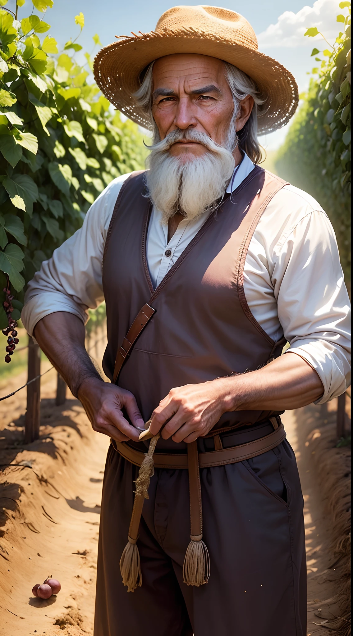 Very old elder cultivating a vineyard, lindas uvas, homens fortes trabalhando com ferramentas de agricultura, Planting grapes, ovelhas e bois em volta, Biblical scenario, natureza, dia bonito, homens bonitos sem camisa, tempos biblicos.