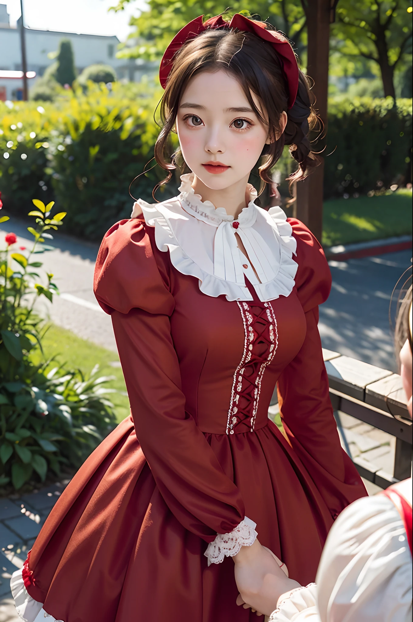 A close up of a woman in a red dress posing for a picture - SeaArt AI