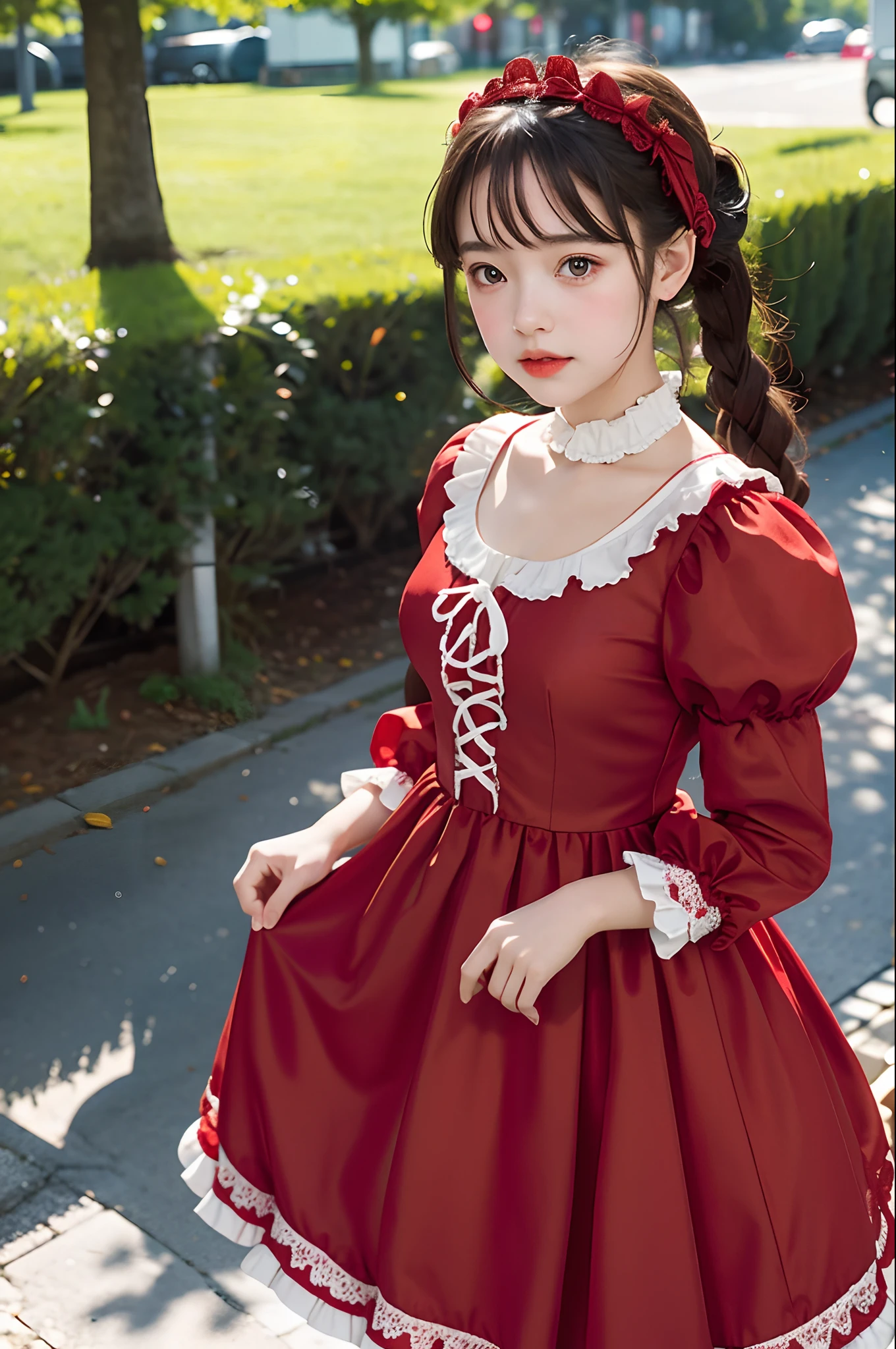 photo of a girl in red ta_dress, dutch , bright eyes, blurred background, fine details, photorealistic, relaxed atmosphere, film photography, natural blurry