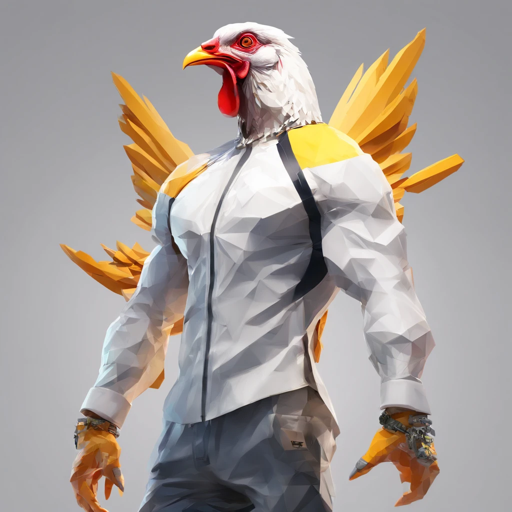 ((Man with a chicken head))、body builder、Only the head is a chicken human、Perfect centering, Wear a student team jacket, Wearing sunglasses, Wearing headphones, cheerfulness, Standing position, Abstract beauty, Centered, Looking at the camera, Facing the camera, Approaching perfection, Dynamic, Highly detailed, Smooth, Sharp Focus, 8K, hight resolution, Illustration, art by carne griffiths and wadim kashin, White background、total、Full Body Angle、flying though the air