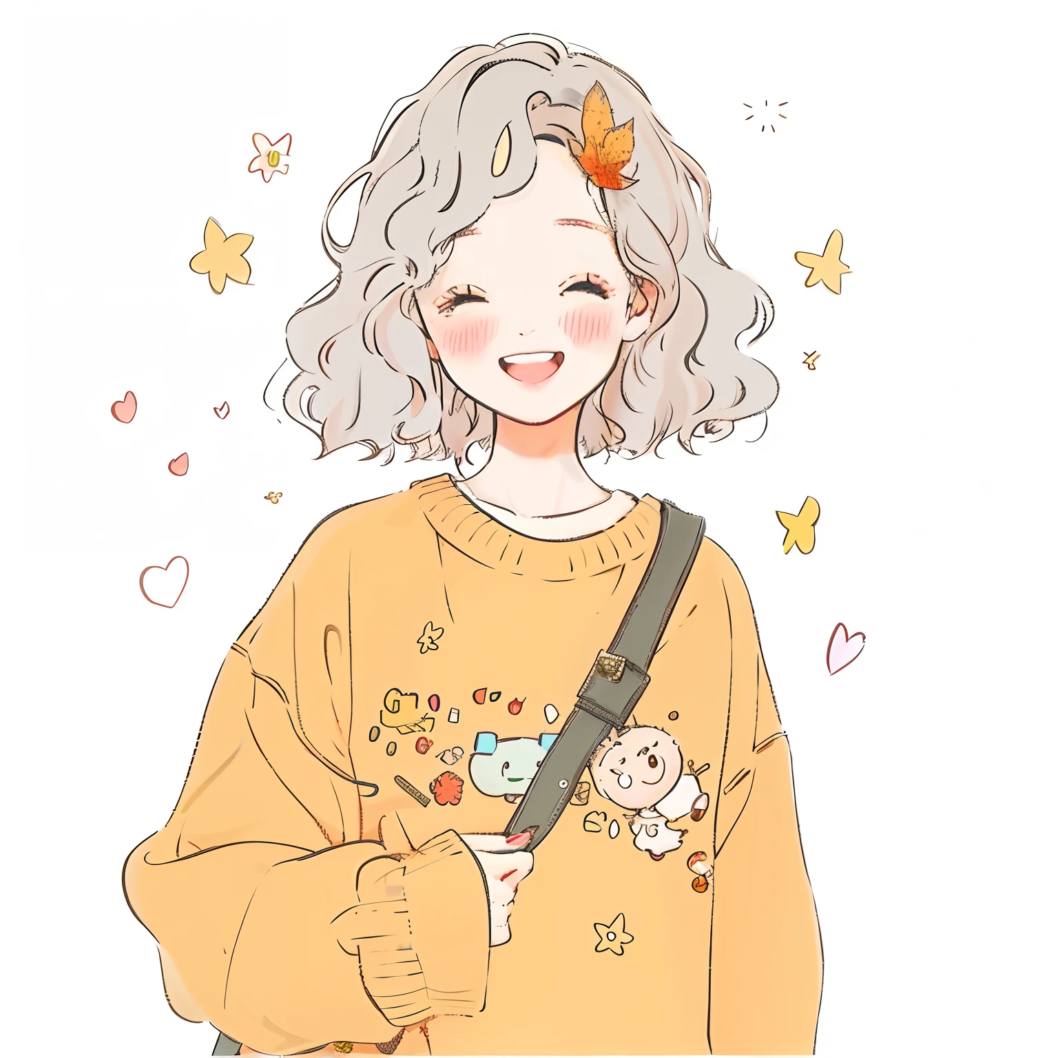 Anime girl with yellow sweater and black bag, lovely art style, cute illustration, Wavy hair yellow theme, lofi-girl, 🍂 Cute, cute kawaii girls, lofi girl aesthetic, Cute anime style, 🍁 Cute, with short hair, INFP Girl, cute character, anime visual of a cute girl, Short blonde curly girl with curly hair, Cute cartoon, Happy girl