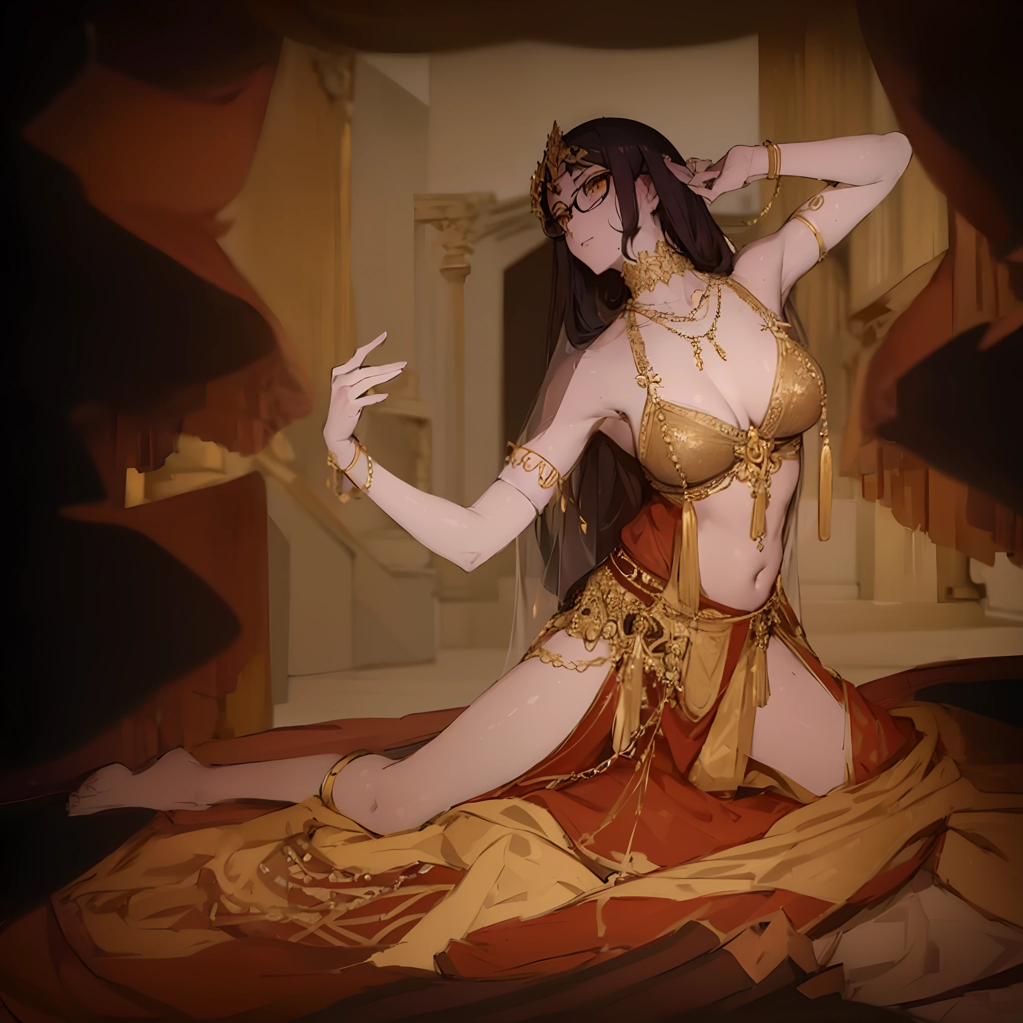 masterpiece,(bestquality),highlydetailed,ultra-detailed,light, at the palace, in a halterneck harem outfit ，gold_choker, belly_chain,necklace and veil, 1girl,,{black hair} (long whitr hair)(Lateral hair)(Shawl hair)(hair straight)，(glasses),(Yellow eyes),fleshy feeling，fleshy legs,large breasts