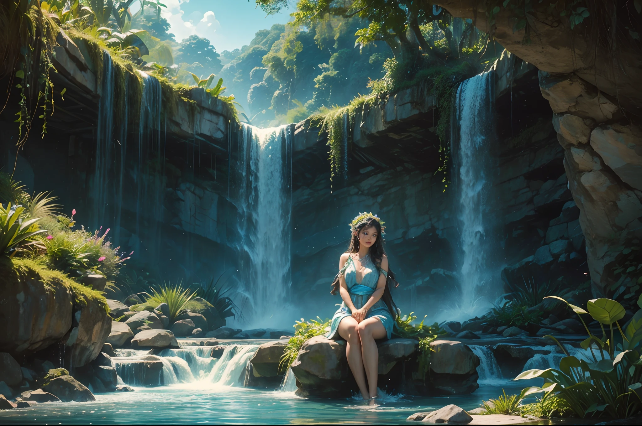 (best quality,4k,8k,ultra highres,masterpiece:1.2),ultra-detailed,(realistic,photorealistic,photo-realistic:1.37)A whimsical, dreamlike artwork that combines elements of a "Waterfall Shower Girl Cave" with fantasy. The cave is nestled beneath a towering mushroom canopy, and the waterfall is a shimmering ribbon of liquid stardust. Inside the cave, a girl with wings bathes under the enchanting cascade, surrounded by fireflies