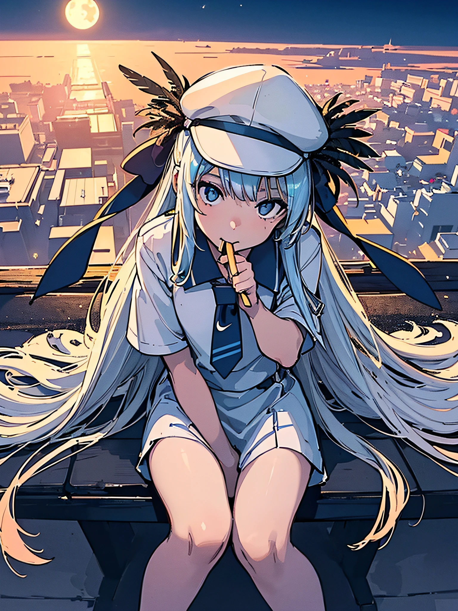 Girl in profile sitting on bench with feathers crossed, nike cap facing backwards, eating tokoyaki skewer, sauce dripping from her mouth, watching the city below, moon on the horizon, (ultra-realistic), {CG unity wallpaper 8k extremely detailed}, expansive landscape photography, (a scene-first view from above, (wide open field view), (low angle shot), (high light: 1.5), (high light: 1.5), ( warm light source: 1.5), complex details, (iridescent colors: 1.5), (bright lighting), (atmospheric lighting), dreamy, food, landscape