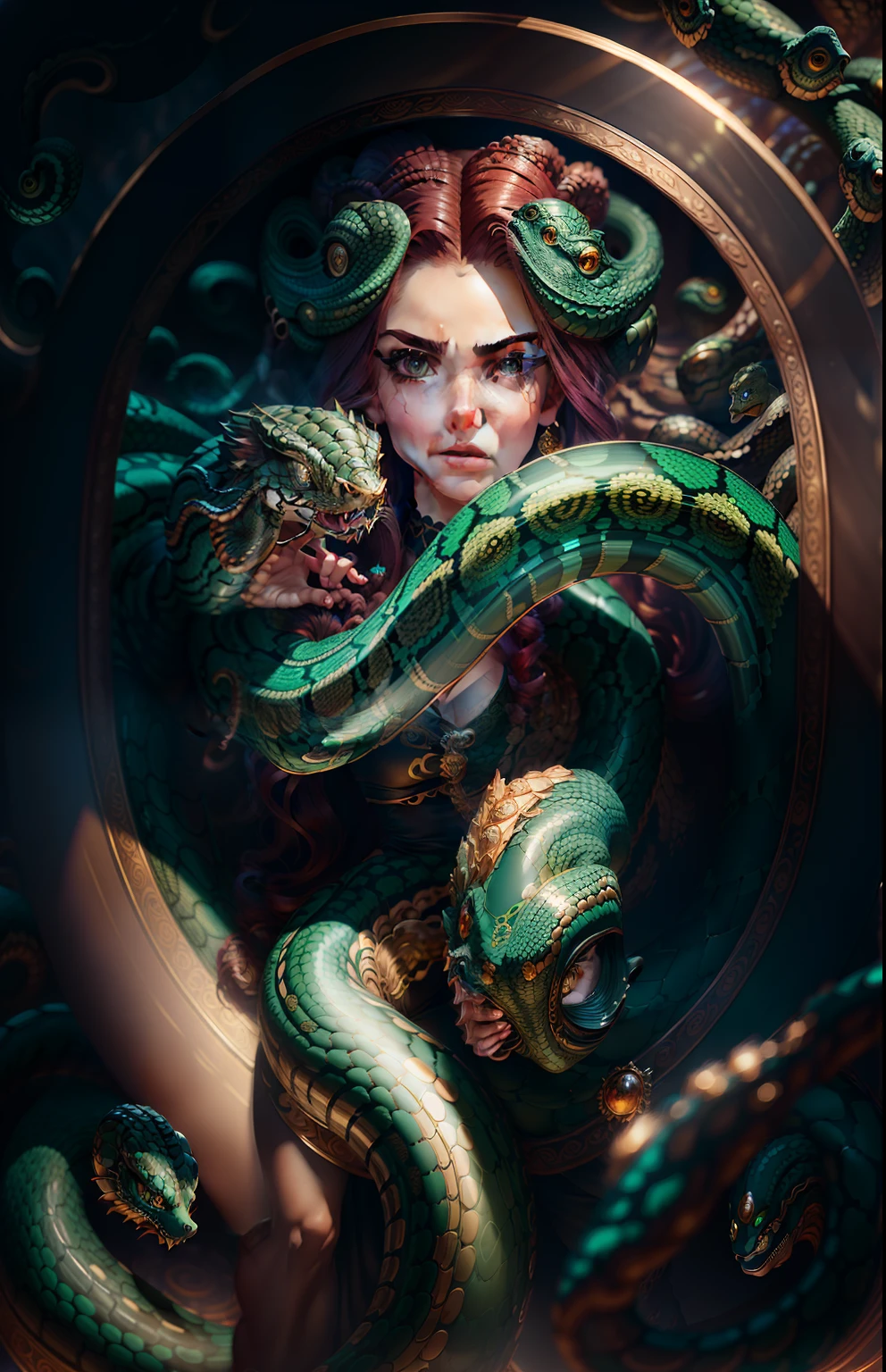 ((best quality)), ((masterpiece)), ((realistic)), Medusa, full body, the hair is composed of countless small snakes, green eyes, female face, metal carved top, royal aura, trend on artstation , sharp focus, studio photo, intricate detail, very detailed, detailed eye, illustration, very detailed, sharp focus, digital render, professional, 4k