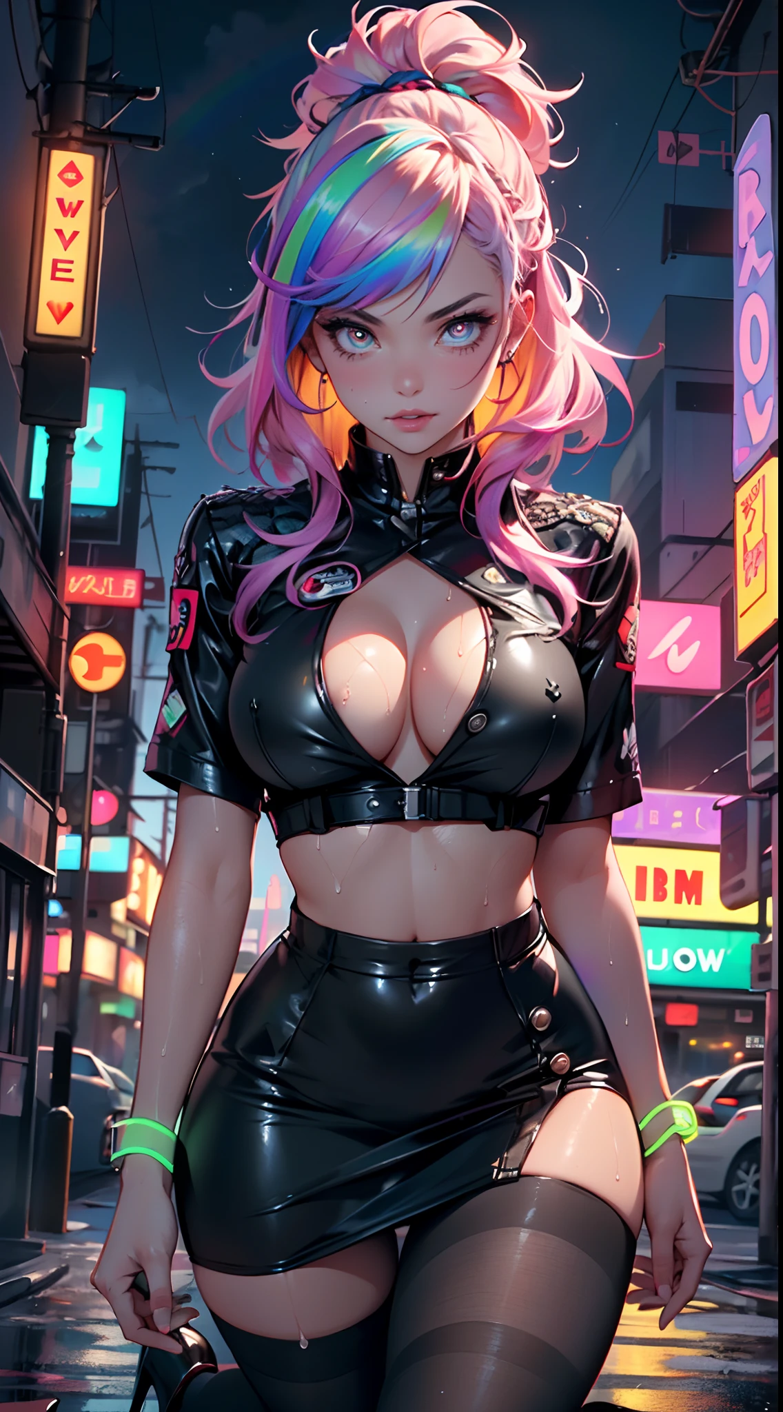 cyberpunk girl,(((1girl))),((cute and beautiful rainbow haired girl)),
(large breasts:1.4),saggy breasts,really wild hair, mane, multicolored hair lighting, rainbow hair,((((wild hair)))),The beauty of extra-long hair, Super Long Straight Hair,bangs,(((neon_rainbow_eyes:1.3))),intricate eyes,beautiful detailed eyes,symmetrical eyes,((fat)),(((lustrous skin:1.5,bright skin: 1.5,skin tanned,shiny skin,very shiny skin,shiny body,plastic glitter skin,exaggerated shiny skin,illuminated skin,wet legs))),(spider lower abdomen,narrow waist,wide hip,athletic body,inflated legs,detailed body,(detailed face)),
cute,slutty,erotic,((nsfw)),
zettai ryouiki,underwear miniskirt uniform,Perfect body slim curvesThe shirt is fully open:1.4,The chest is completely open,Shirts are worn over underwear, (Shirts are worn over underwear: 1.3),absurdres,white button-down blouse,There is a collar,Black Slit Skirt,(Black pantyhose),Long legs,Detailed legs,High heels,cleavage,,(((wet clothes,intricate outfit,intricate clothes))),
Goddess-like posture,Kneeling exercise,:1.0,embarrassed,(centered,scale to fit dimensions,Rule of thirds),
cyberpunk city by the ocean at night, with bright neon signs and dark stormy clouds and puddles, scenery:1.25,
artistic photography,(photography taken by sldr),highres, sharp focus, (ultra detailed, extremely detailed), (photorealistic artwork:1.37),(extremely detailed CG unity 8k wallpaper),((synthwave background theme)),(((vibrant colors))),(intricate background),(masterpiece),(best quality),