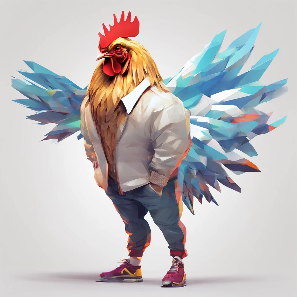 ((Man with a chicken head))、body builder、Only the head is a chicken human、Perfect centering, Wear a student team jacket, Wearing sunglasses, Wearing headphones, cheerfulness, Standing position, Abstract beauty, Centered, Looking at the camera, Facing the camera, Approaching perfection, Dynamic, Highly detailed, Smooth, Sharp Focus, 8K, hight resolution, Illustration, art by carne griffiths and wadim kashin, White background、total、Full Body Angle、flying though the air