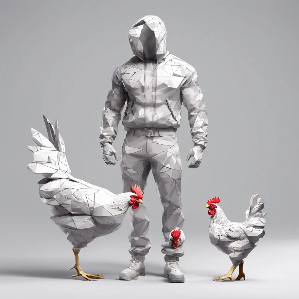 ((Man with a chicken head))、body builder、Only the head is a chicken human、Perfect centering, Wear a student team jacket, Wearing sunglasses, Wearing headphones, cheerfulness, Standing position, Abstract beauty, Centered, Looking at the camera, Facing the camera, Approaching perfection, Dynamic, Highly detailed, Smooth, Sharp Focus, 8K, hight resolution, Illustration, art by carne griffiths and wadim kashin, White background、total、Full Body Angle、flying though the air
