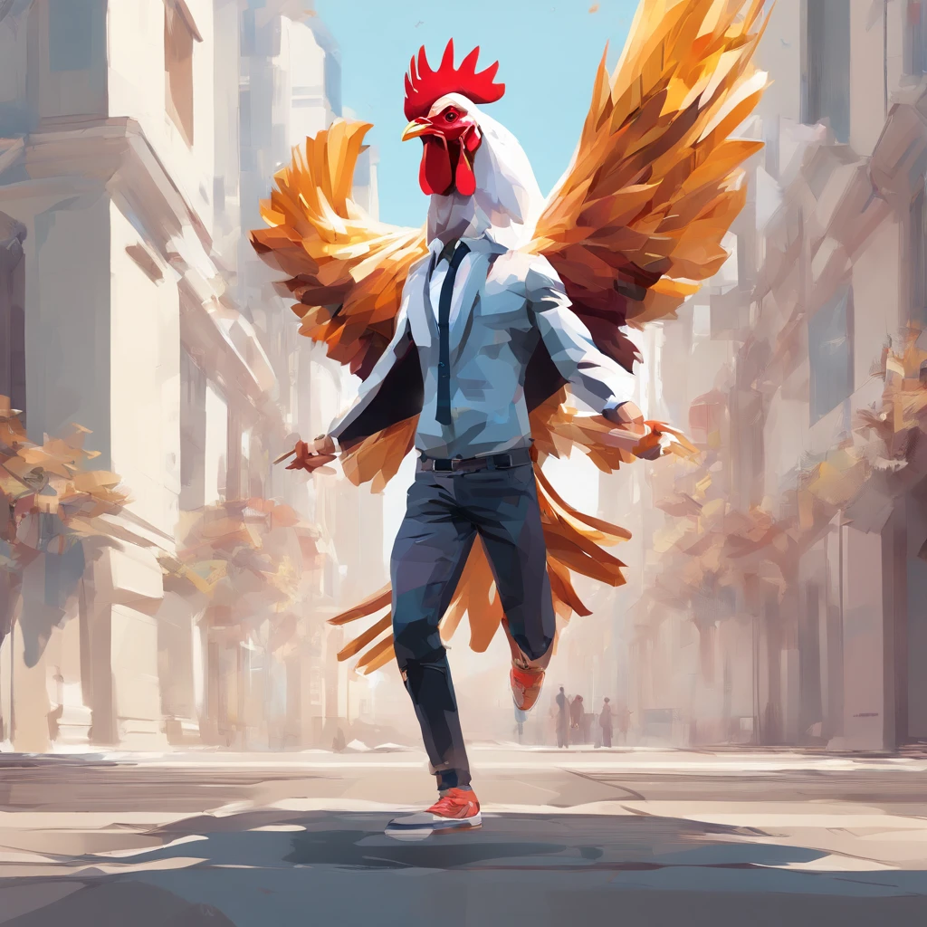 ((Man with a chicken head))、body builder、Only the head is a chicken human、Perfect centering,  Wear a student team jacket, Wearing sunglasses, Wearing headphones, cheerfulness, Standing position, Abstract beauty, Centered, Looking at the camera, Facing the camera, Approaching perfection, Dynamic, Highly detailed, Smooth, Sharp Focus, 8K, hight resolution, Illustration, art by carne griffiths and wadim kashin, White background、total、Full Body Angle、flying though the air