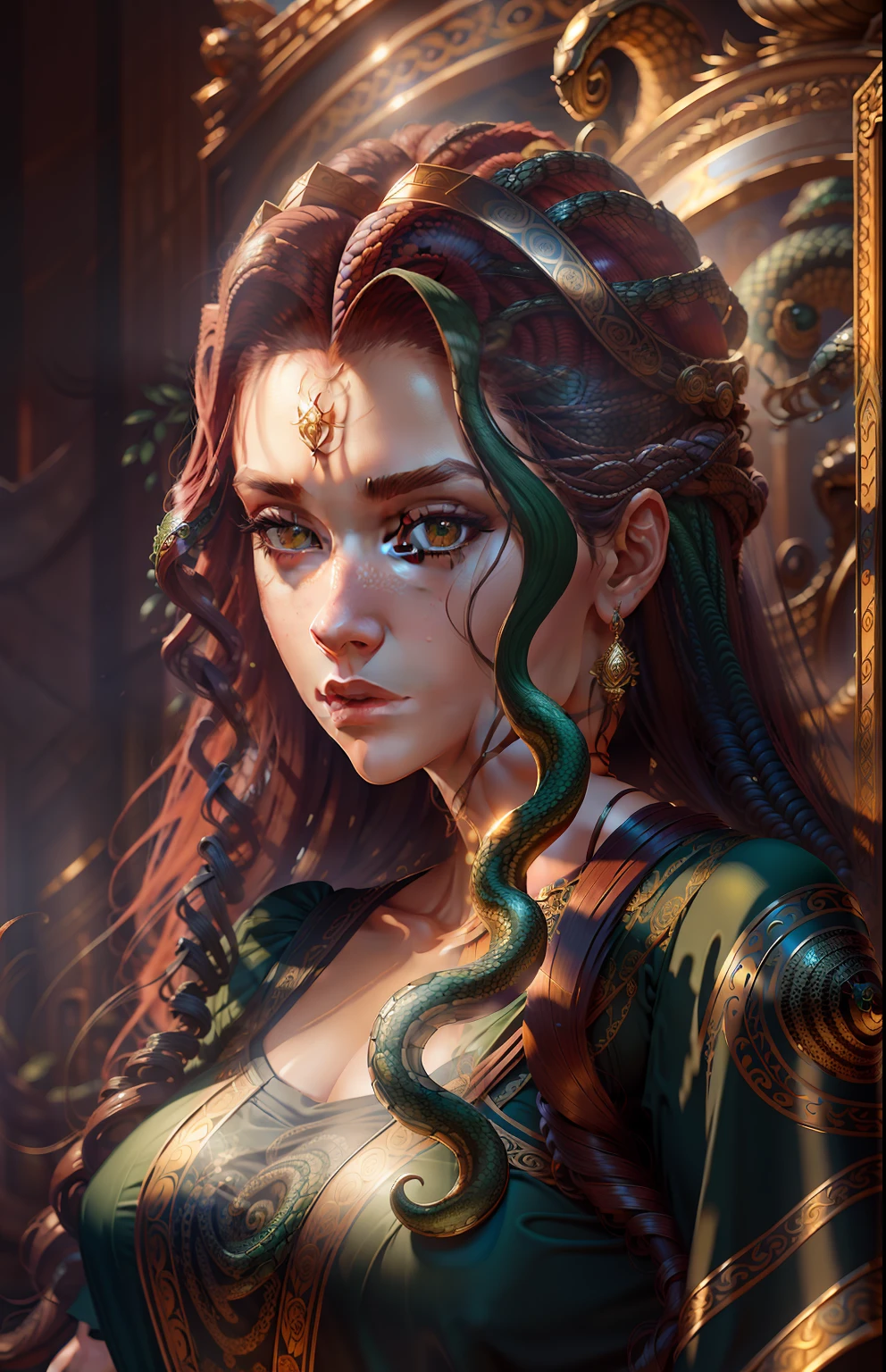 ((best quality)), ((masterpiece)), ((realistic)), Medusa, full body, the hair is composed of countless small snakes, green eyes, female face, metal carved top, royal aura, trend on artstation , sharp focus, studio photo, intricate detail, very detailed, detailed eye, illustration, very detailed, sharp focus, digital render, professional, 4k