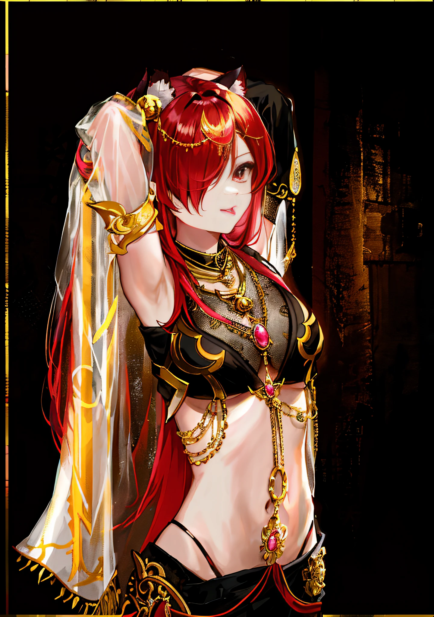 anime - style image of a woman with red hair, portrait of a female mage, good face, beautiful face, looking to the side, black eyes, good eyes, 1girl, solo, midriff, red hair, (((long hair, hair over one eye))), beautiful face, detailed face, good eyes, (((perfect anatomy))), bishoujo, ((anime girl, anime)), detailed background, highres, official art, (masterpiece, best quality, absurdres), ((1girl, solo)), crop top, black bra, black underwear, bare shoulders, detached sleeves, white sleeves, looking at viewer, (((closed mouth, tongue out, lips, pink lips))), ((golden eyes)), stomach, nice belly, thin, skinny, ribs, nice navel, see through, black shirt, armpits, see-through shirt, jewelry, gold, necklace, hair ornament, armlet, cat ears, standing, sidelock, animal ears, indoors, fantasy building