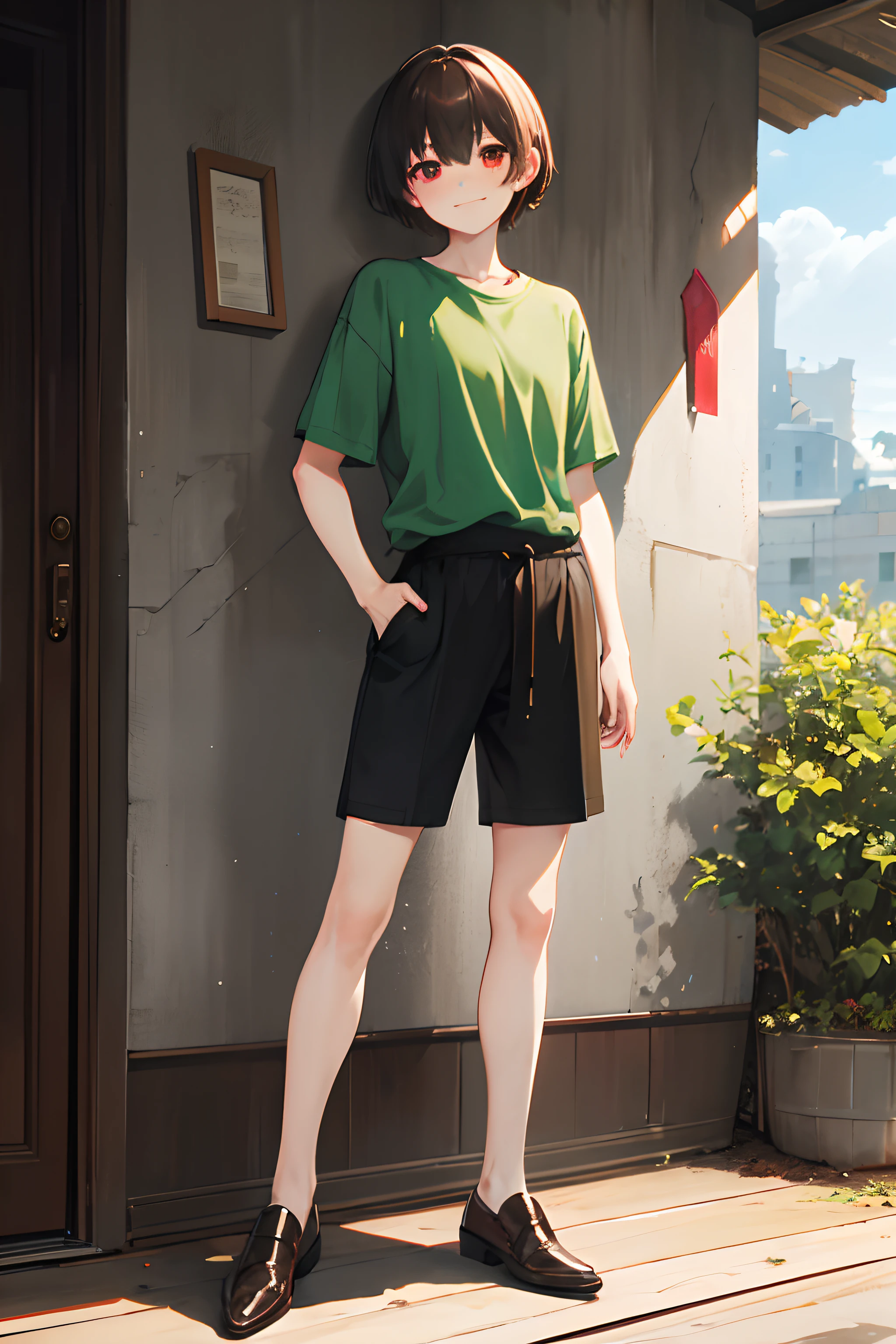 Under the legend,Chara,femele,sexy for,green-shirt,brown shorts,blacksilk,Small leather shoes,grin,Blushlush,stand posture,with short brown hair,Standing painting,Bloody red eyes