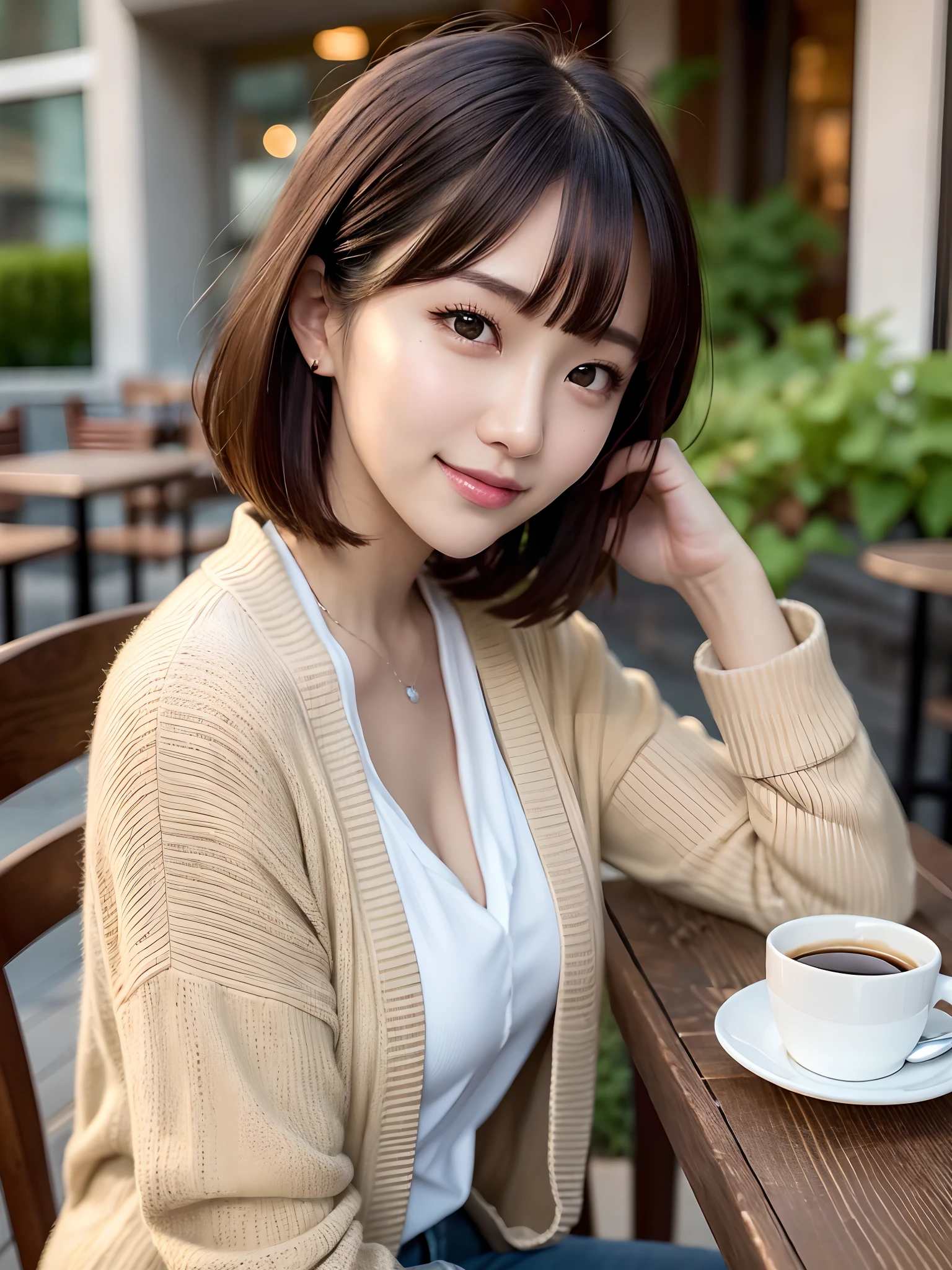 product quality, 1 girl, cowboy shot, front view, a Japanese young pretty girl, long bob hair, wearing a marriage ring, sitting with a big smile on a chair in front of a table in outdoor cafe, coffee cup and a toast on the table, wearing a long length light yellow cardigan over a satin silk white shirt with collared, wearing light brown long jeans, hyper cute face, glossy lips, double eyelids for both eyes, natural makeup, shiny smooth light brown hair of long bob hair, asymmetrical bangs, tanned skin, high resolution, high detail, detailed hairstyle, detailed face, cinematic lighting, octane rendering, hyper realistic, perfect limbs, perfect anatomy