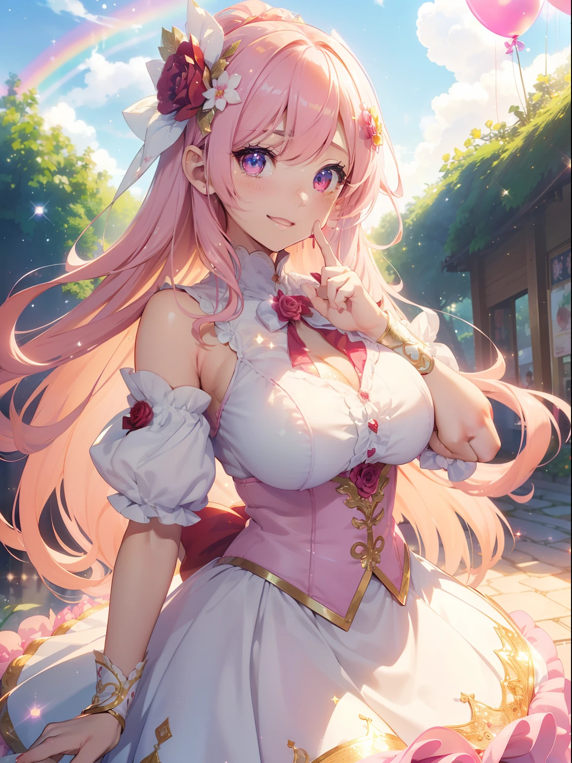 masutepiece, High resolution, 8K, anime woman, Delicate and detailed writing 、Detailed digital illustration、Very long hair and shiny、Bangs、a very beautiful woman、Eyes are double, Large, Bust is D cup、High image quality, High quality、Detailed background、(((Wearing idol clothes)))、((Colorful flower garden、Very beautiful background of clouds and rainbow in the sky))、The inside of the eye shines like a diamond、Light pink hair、Gradient pupil、(((2 arms、4 fingers, 1 thumb)))、Detailed female face、Very beautiful and cute woman、、细致背景、masterpiece、Soft Focus , Bright gradient watercolor , Lens Flare , (((Glitter))) , Glow , Dreamy , 、Less exposure、Nothing at hand、Idol、Pink ribbon、Very beautiful red rose hair accessories、Pink and gold outfit、White is the main costume、((A smile))、((POV))、Arms up、(((Pink background)))